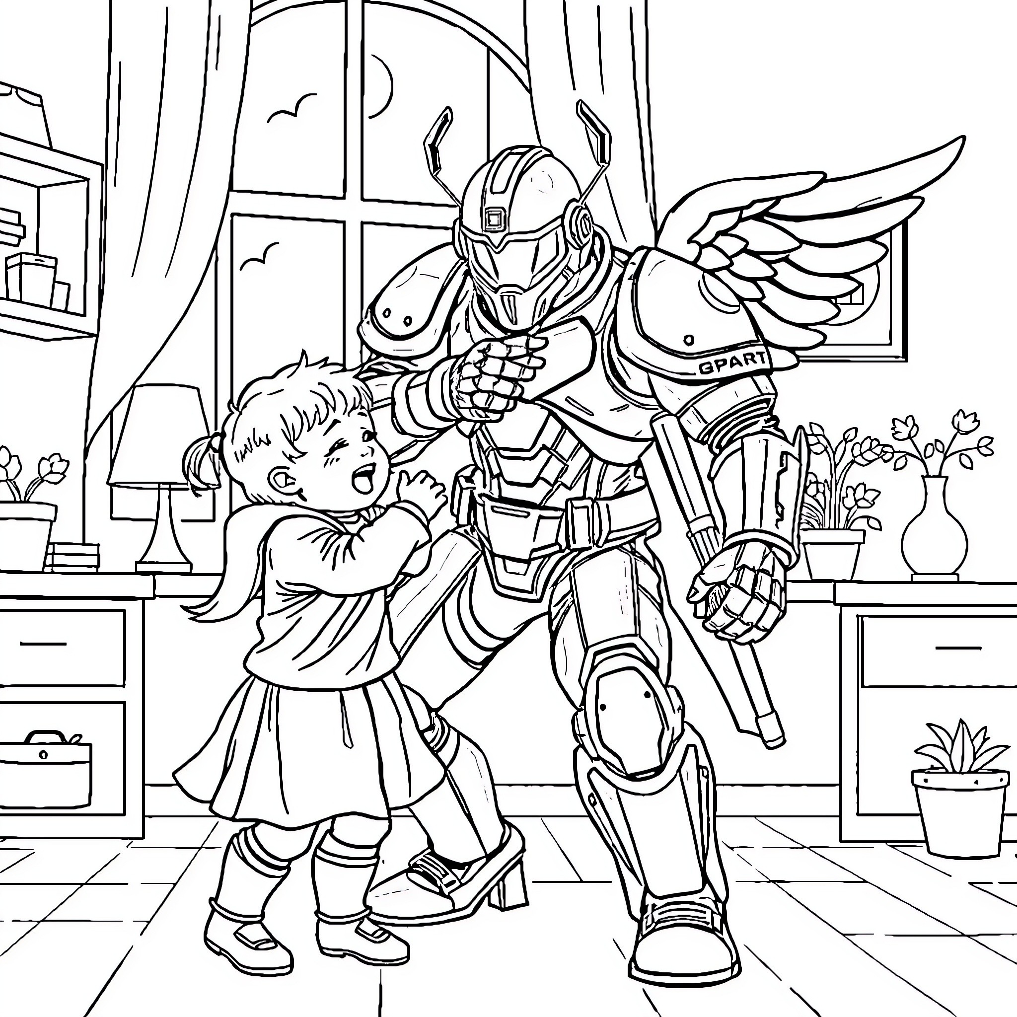 Dark Angel Comforting the Child Coloring Page (free black-and-white line drawing printable PDF for all, from beginners to advanced learners, including children, teens, adults, and seniors)