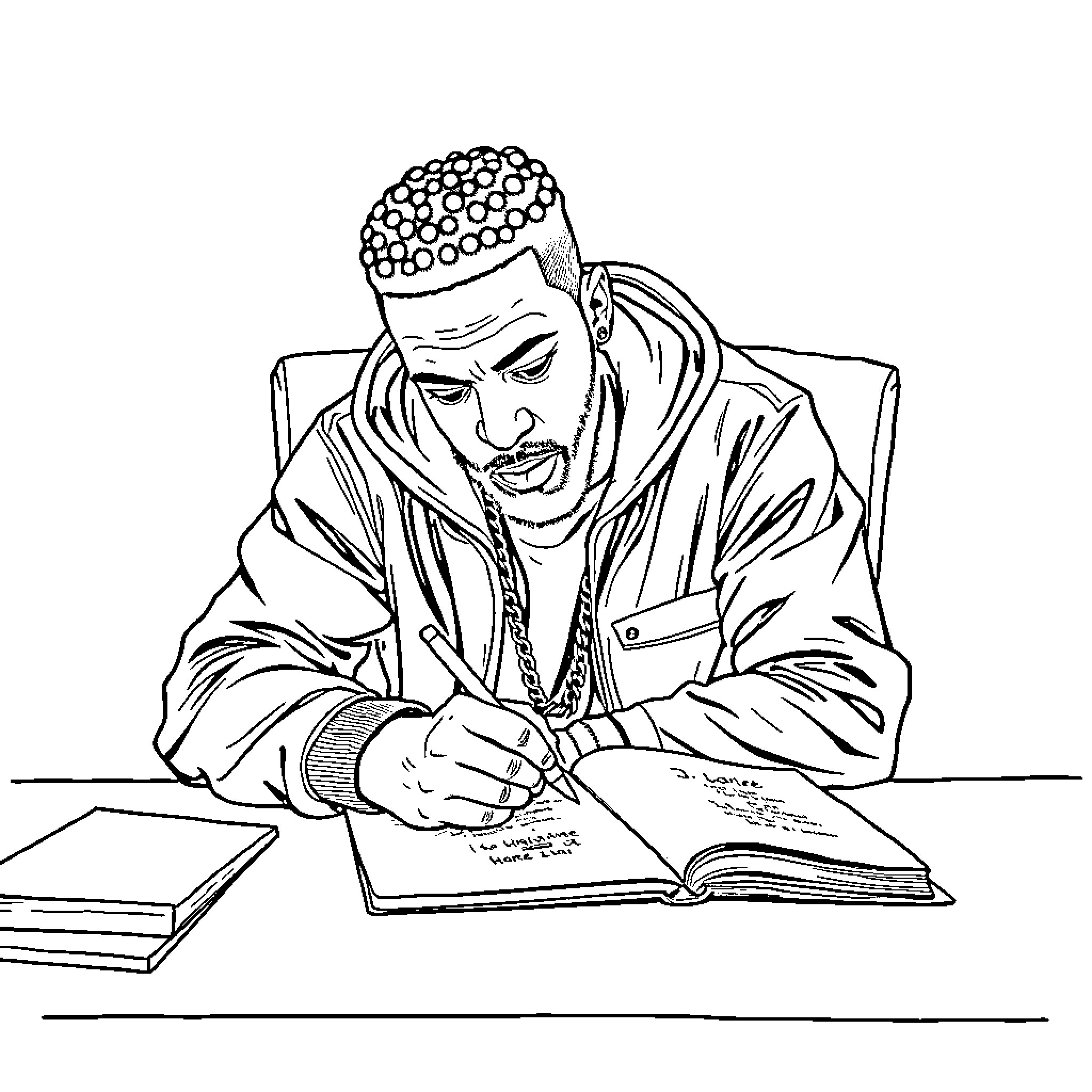 J Cole Focused on Writing in His Journal Coloring Page (free black-and-white line drawing printable PDF for all, from beginners to advanced learners, including children, teens, adults, and seniors)