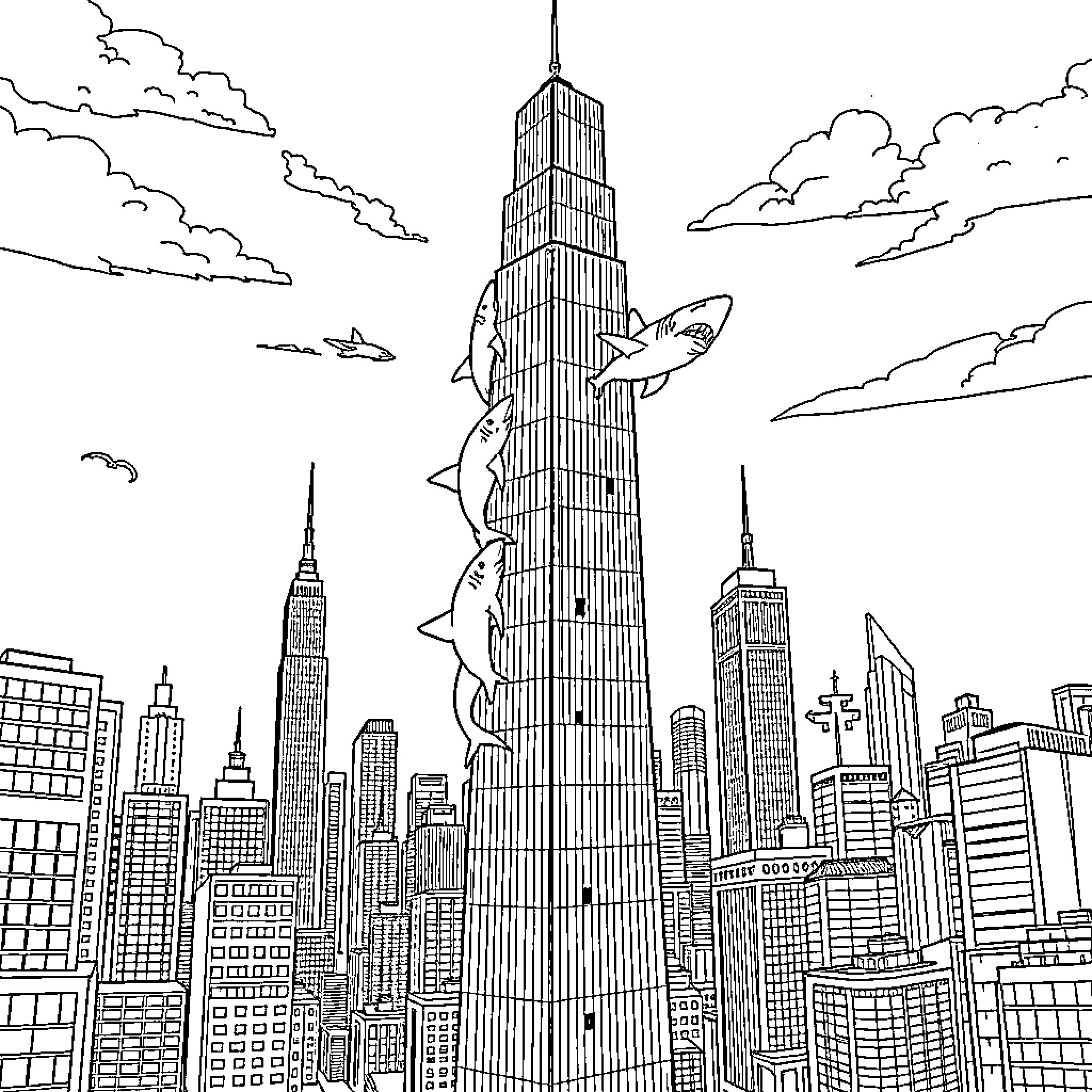 Shark attacking skyscrapers in the city skyline Coloring Page (free black-and-white line drawing printable PDF for all, from beginners to advanced learners, including children, teens, adults, and seniors)
