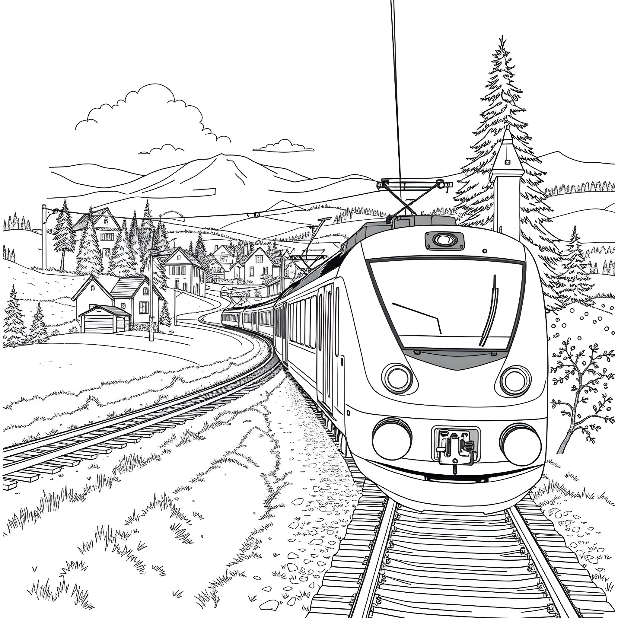 Train passing through a winter wonderland village Coloring Page (free black-and-white line drawing printable PDF for all, from beginners to advanced learners, including children, teens, adults, and seniors)
