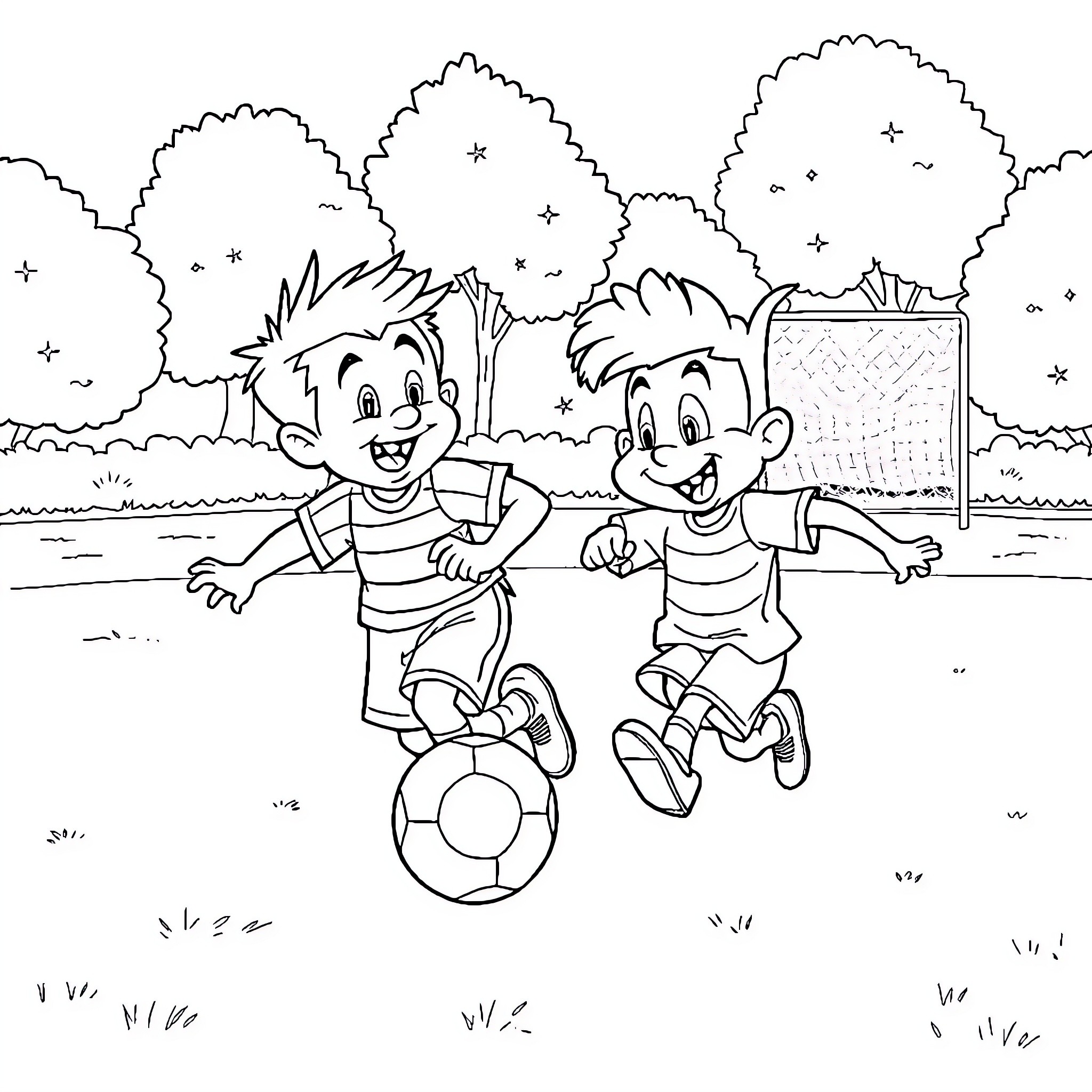 Chavo and friend playing soccer in the park Coloring Page (free black-and-white line drawing printable PDF for all, from beginners to advanced learners, including children, teens, adults, and seniors)