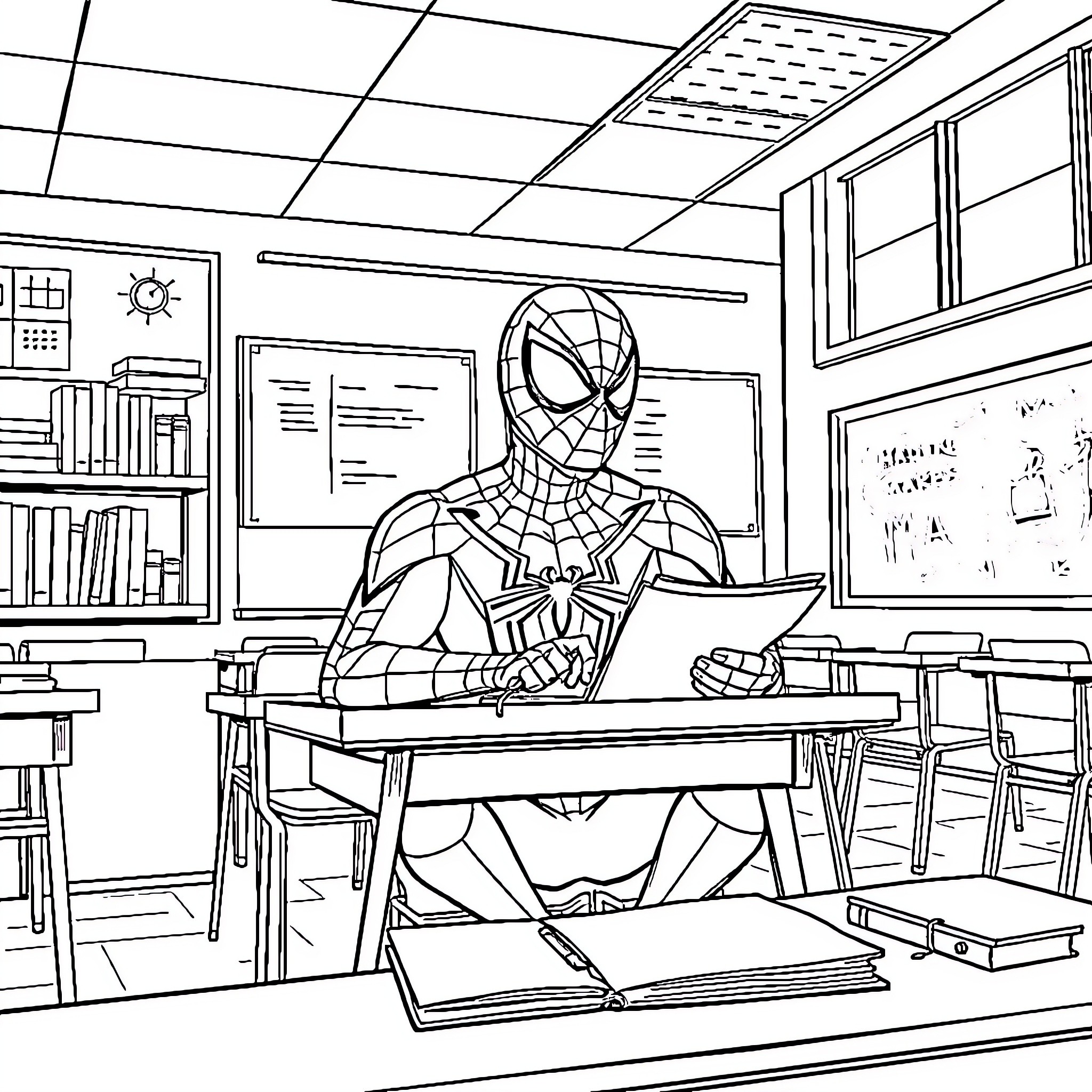 Spiderman studying diligently in the classroom Coloring Page (free black-and-white line drawing printable PDF for all, from beginners to advanced learners, including children, teens, adults, and seniors)