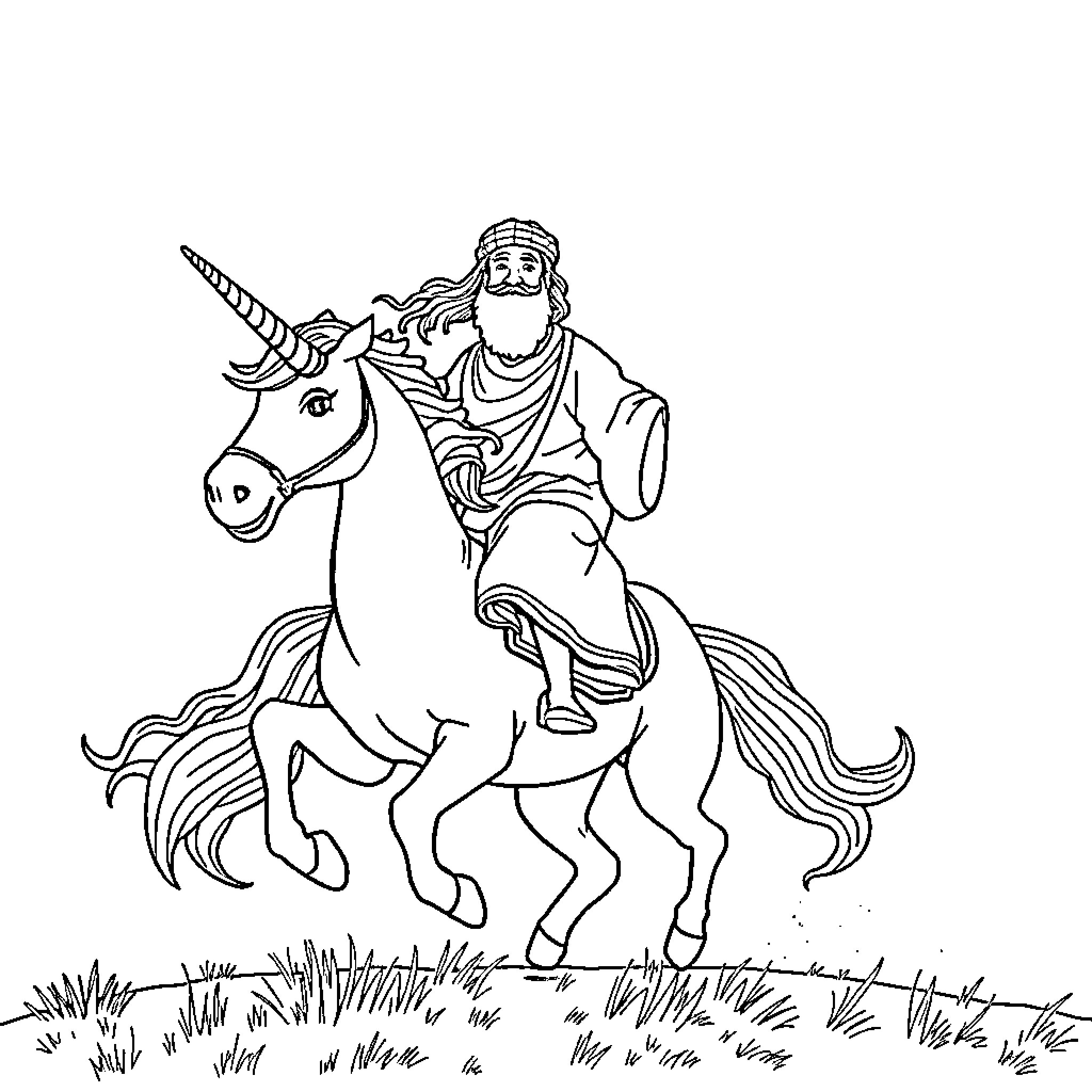 Rumi riding a majestic unicorn in a meadow Coloring Page (free black-and-white line drawing printable PDF for all, from beginners to advanced learners, including children, teens, adults, and seniors)