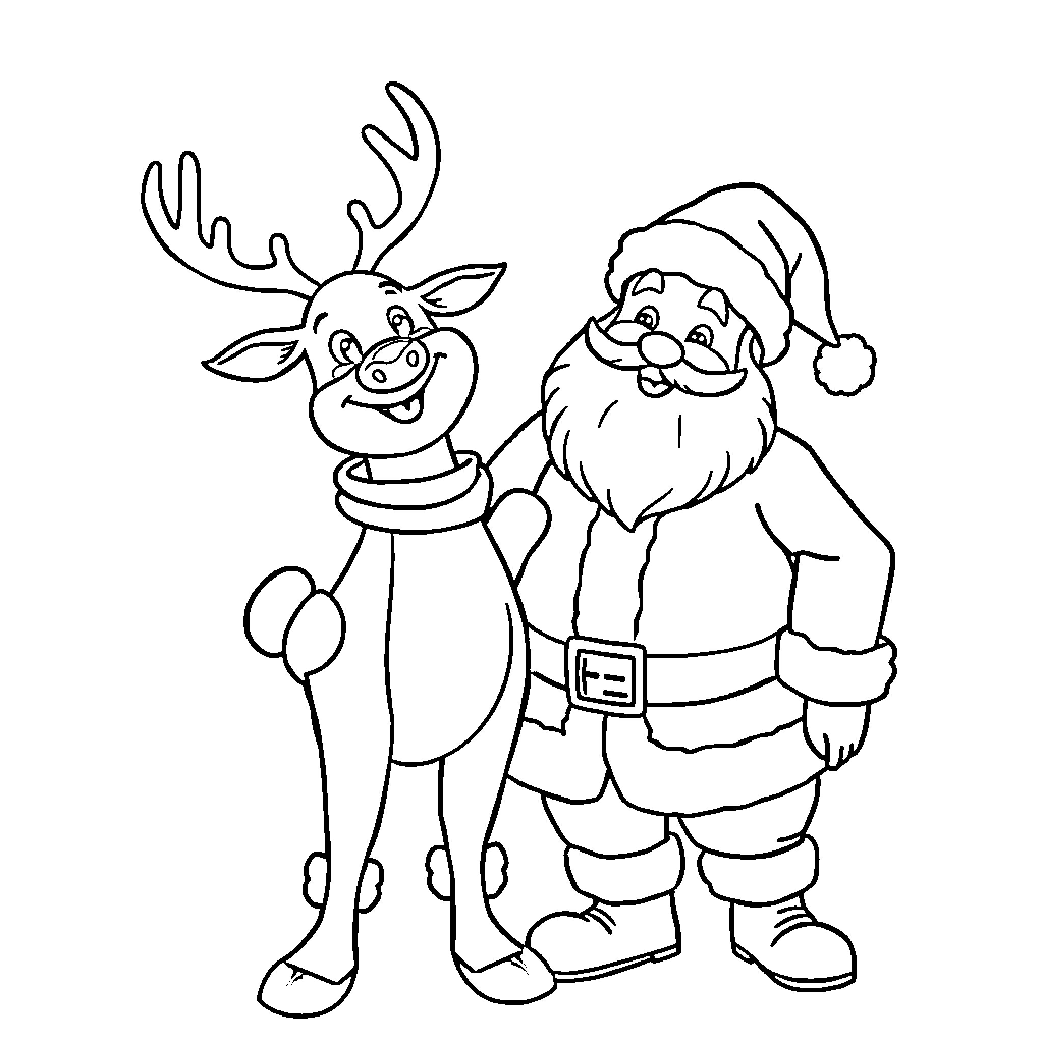 Rudolph and Santa Claus in Christmas Attire Coloring Page (free black-and-white line drawing printable PDF for all, from beginners to advanced learners, including children, teens, adults, and seniors)