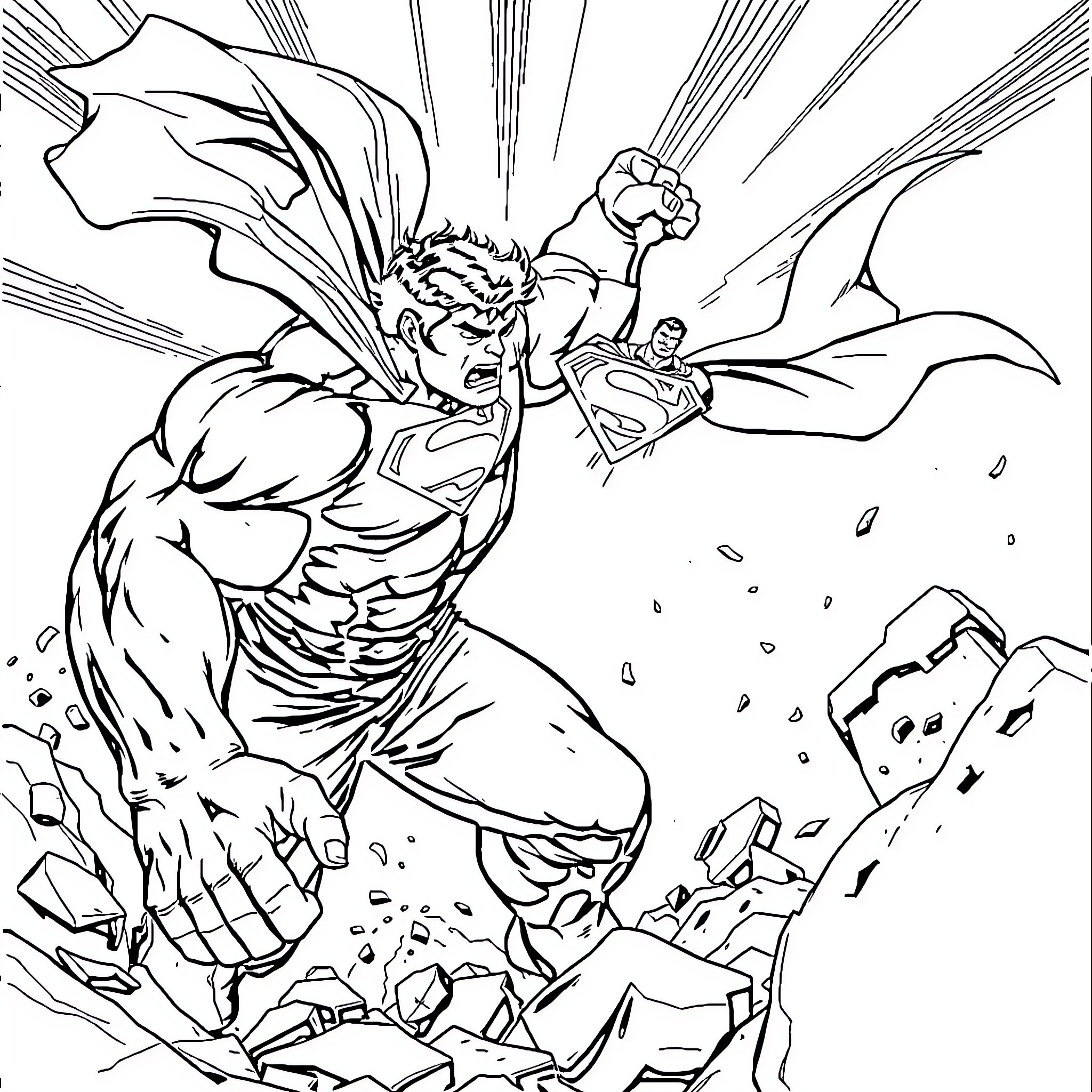 Hulk battling heroically against enemies Coloring Page (free black-and-white line drawing printable PDF for all, from beginners to advanced learners, including children, teens, adults, and seniors)