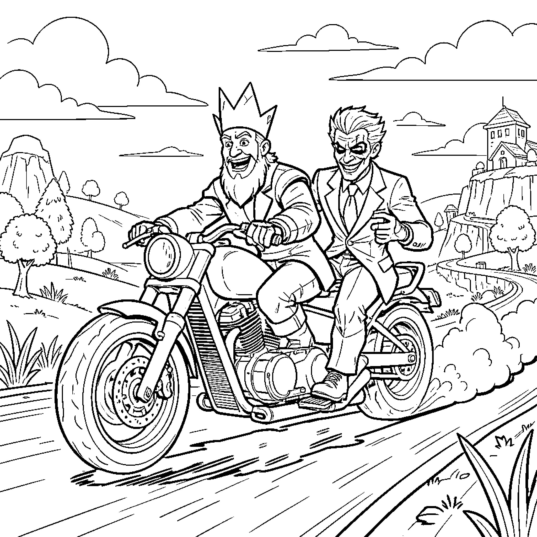 Ice King riding a motorcycle with a companion Coloring Page (free black-and-white line drawing printable PDF for all, from beginners to advanced learners, including children, teens, adults, and seniors)