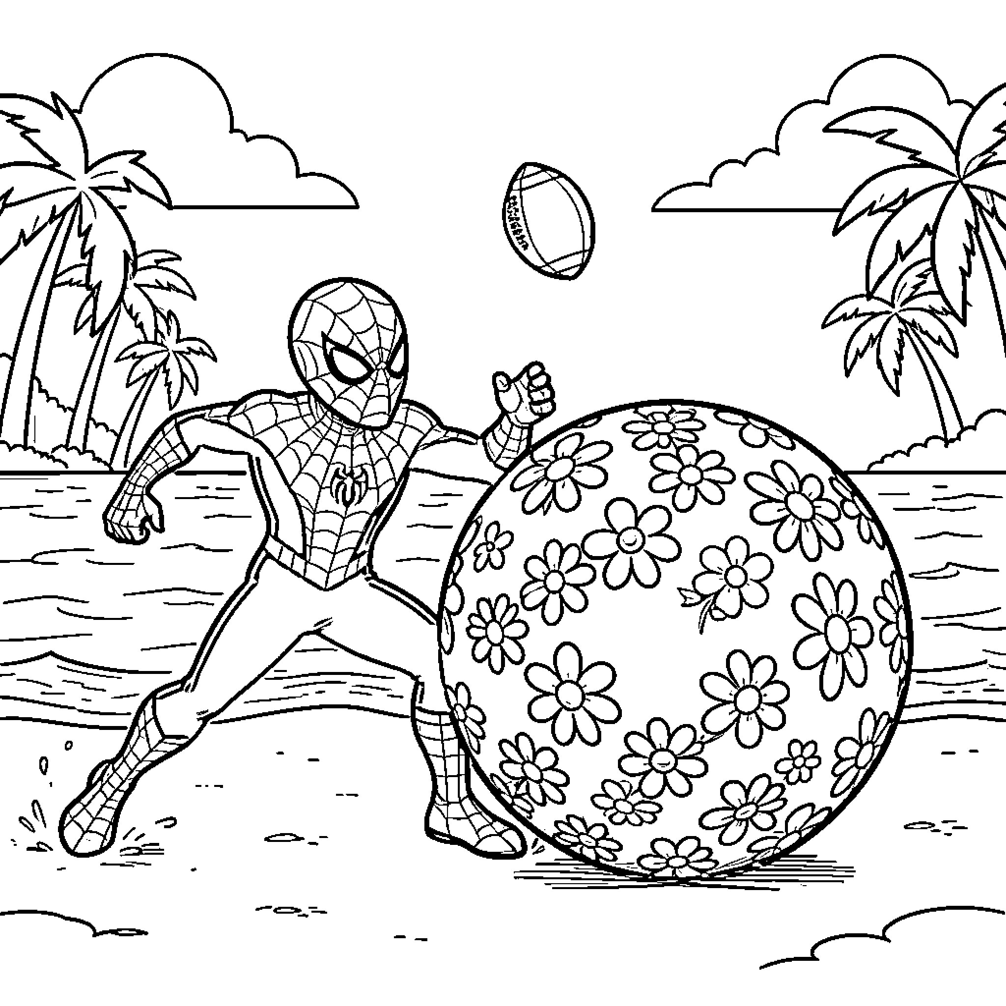 Spidey playing with a large floral beach ball Coloring Page (free black-and-white line drawing printable PDF for all, from beginners to advanced learners, including children, teens, adults, and seniors)