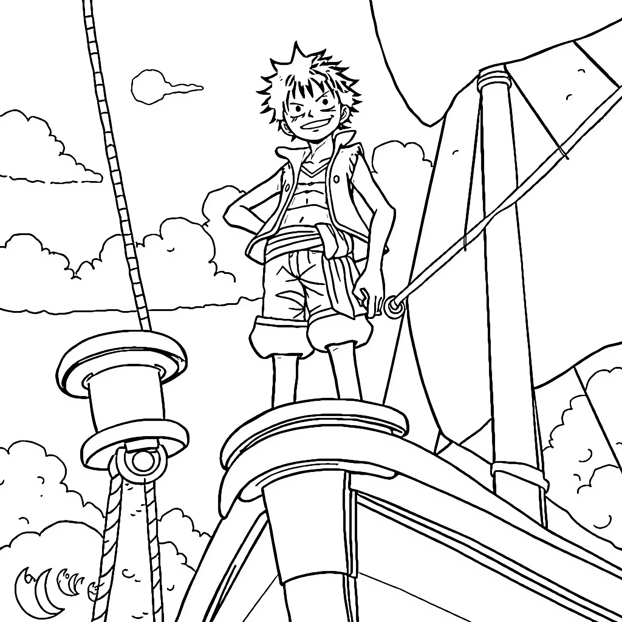 Luffy standing confidently on a ship Coloring Page (free black-and-white line drawing printable PDF for all, from beginners to advanced learners, including children, teens, adults, and seniors)