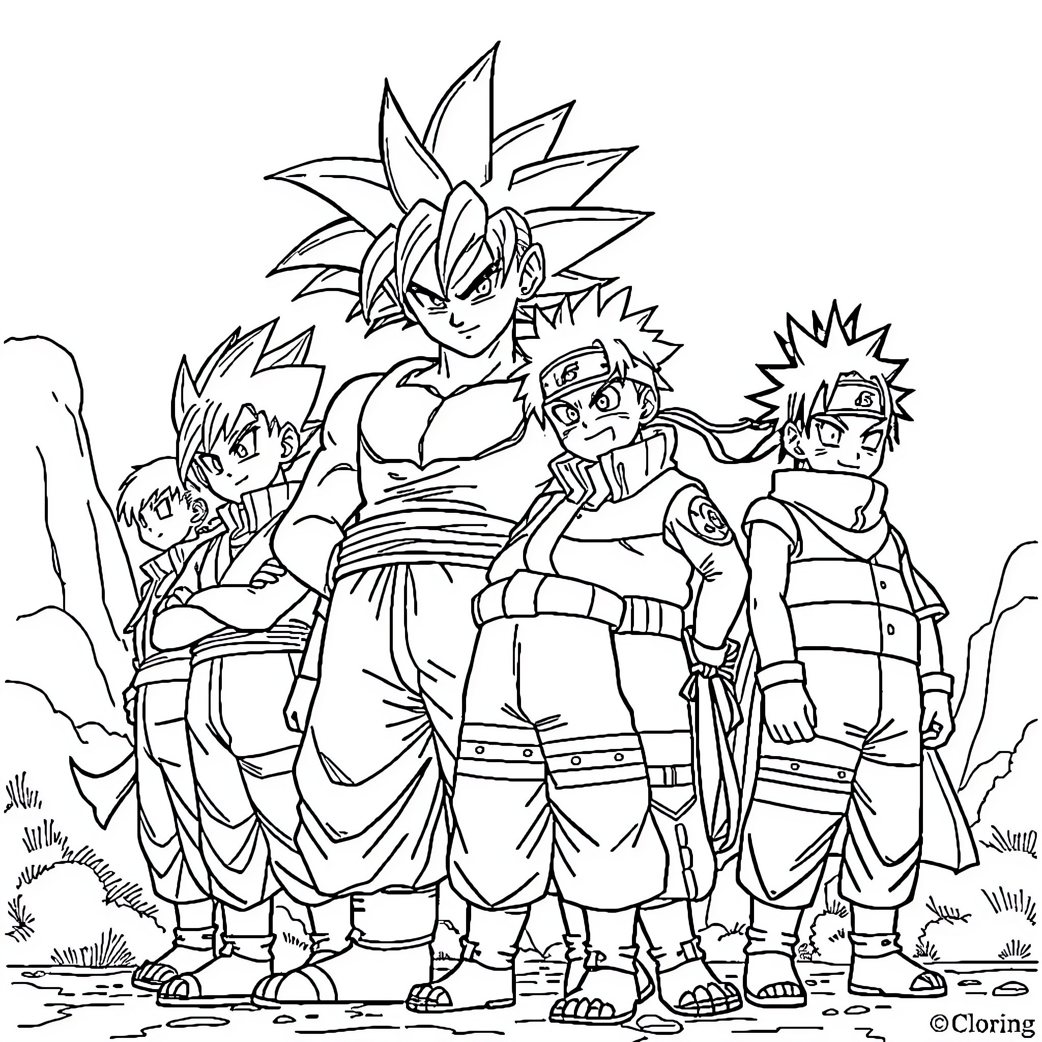Dragon Ball Characters in Epic Action Pose Coloring Page (free black-and-white line drawing printable PDF for all, from beginners to advanced learners, including children, teens, adults, and seniors)