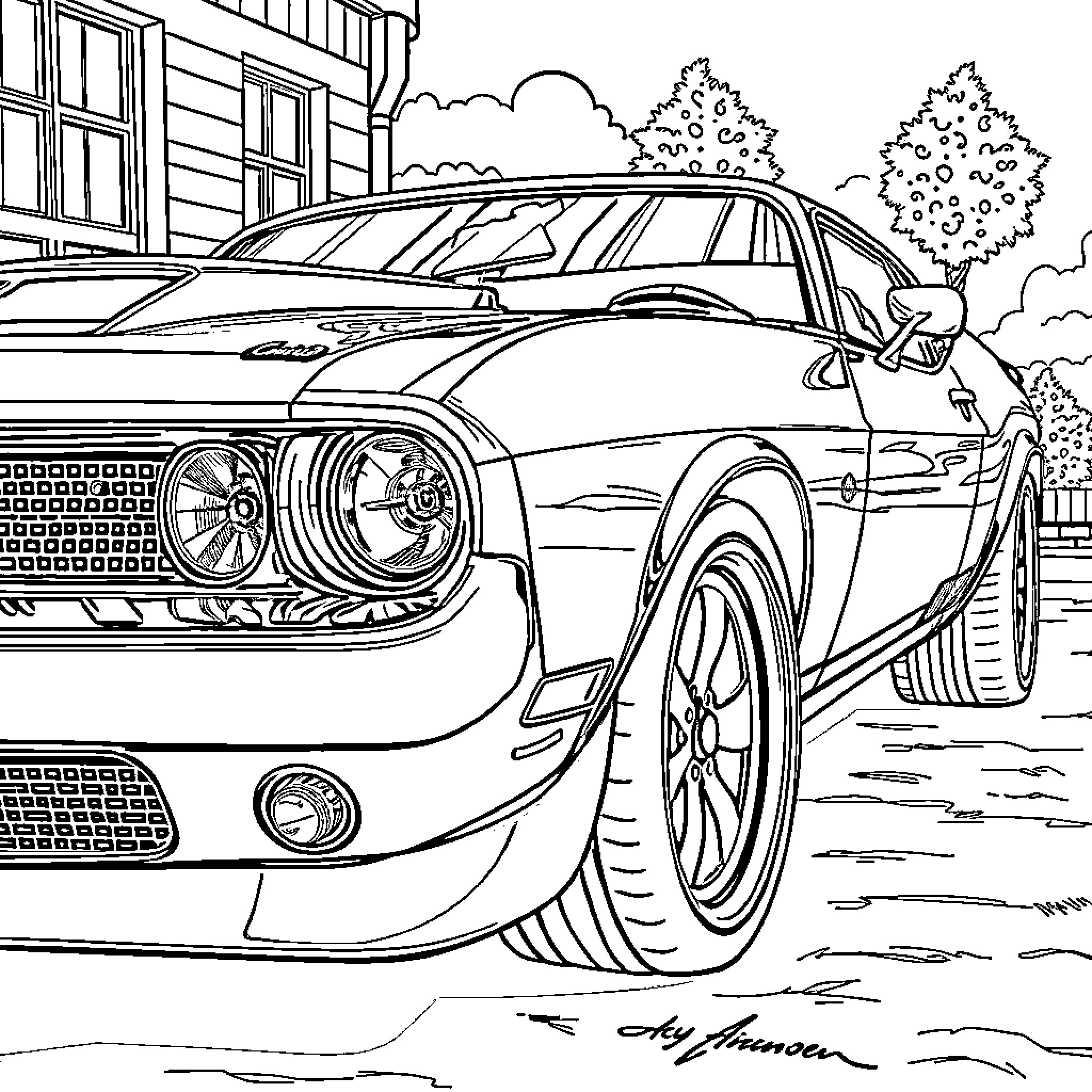 Muscle Car Parked on Street with Trees Coloring Page (free black-and-white line drawing printable PDF for all, from beginners to advanced learners, including children, teens, adults, and seniors)
