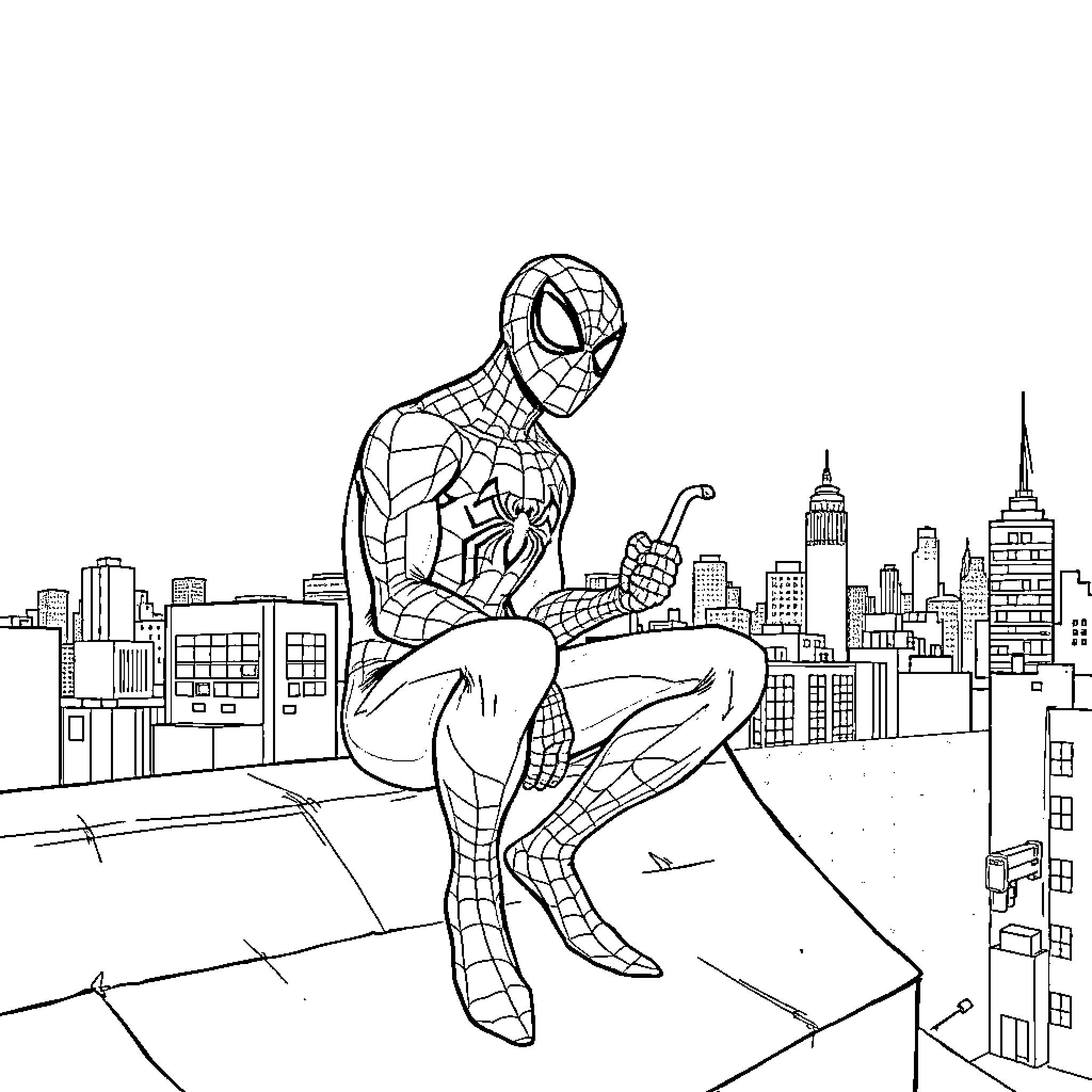 Spiderman Swinging Through the City Skyline Coloring Page (free black-and-white line drawing printable PDF for all, from beginners to advanced learners, including children, teens, adults, and seniors)