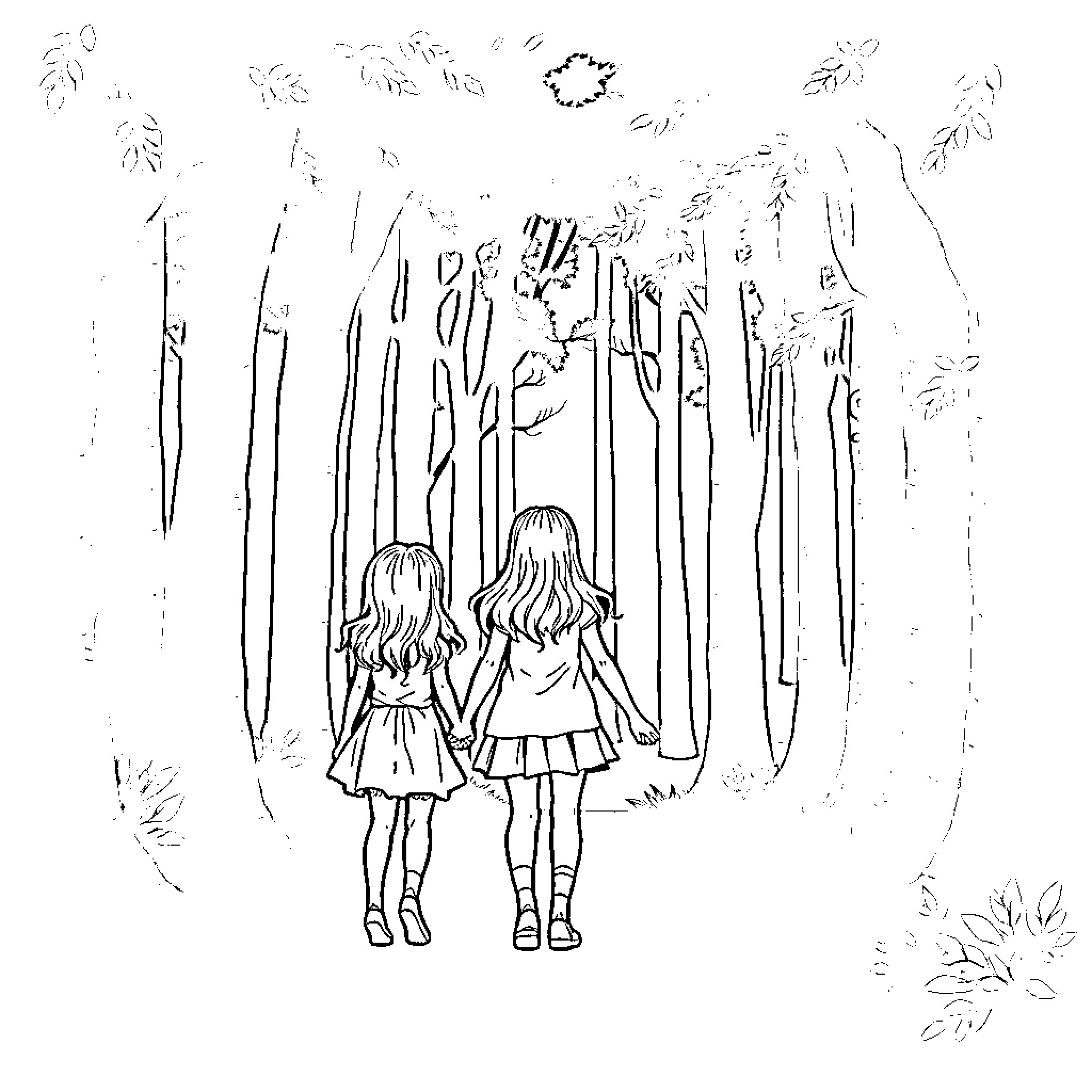 Girl walking through enchanted forest with friend Coloring Page (free black-and-white line drawing printable PDF for all, from beginners to advanced learners, including children, teens, adults, and seniors)