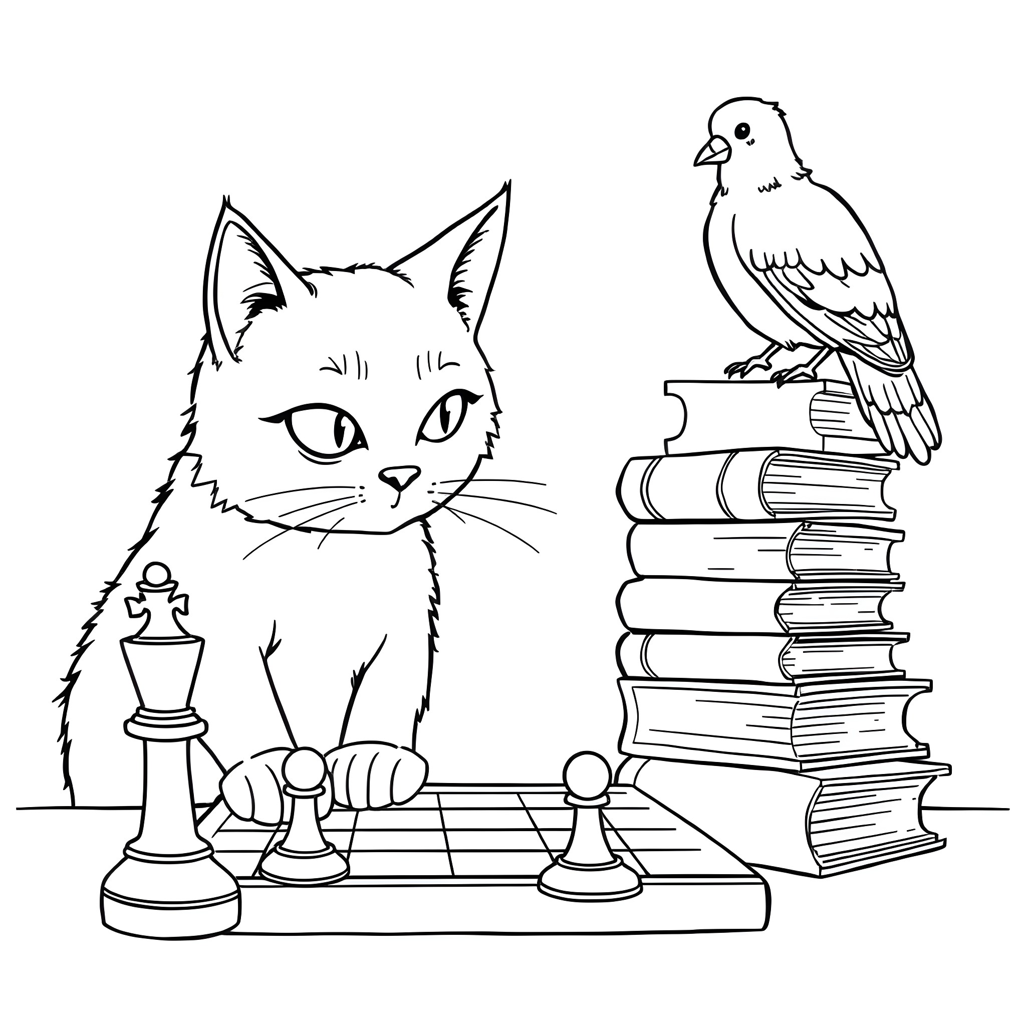 Cat playing chess with a parrot companion Coloring Page (free black-and-white line drawing printable PDF for all, from beginners to advanced learners, including children, teens, adults, and seniors)
