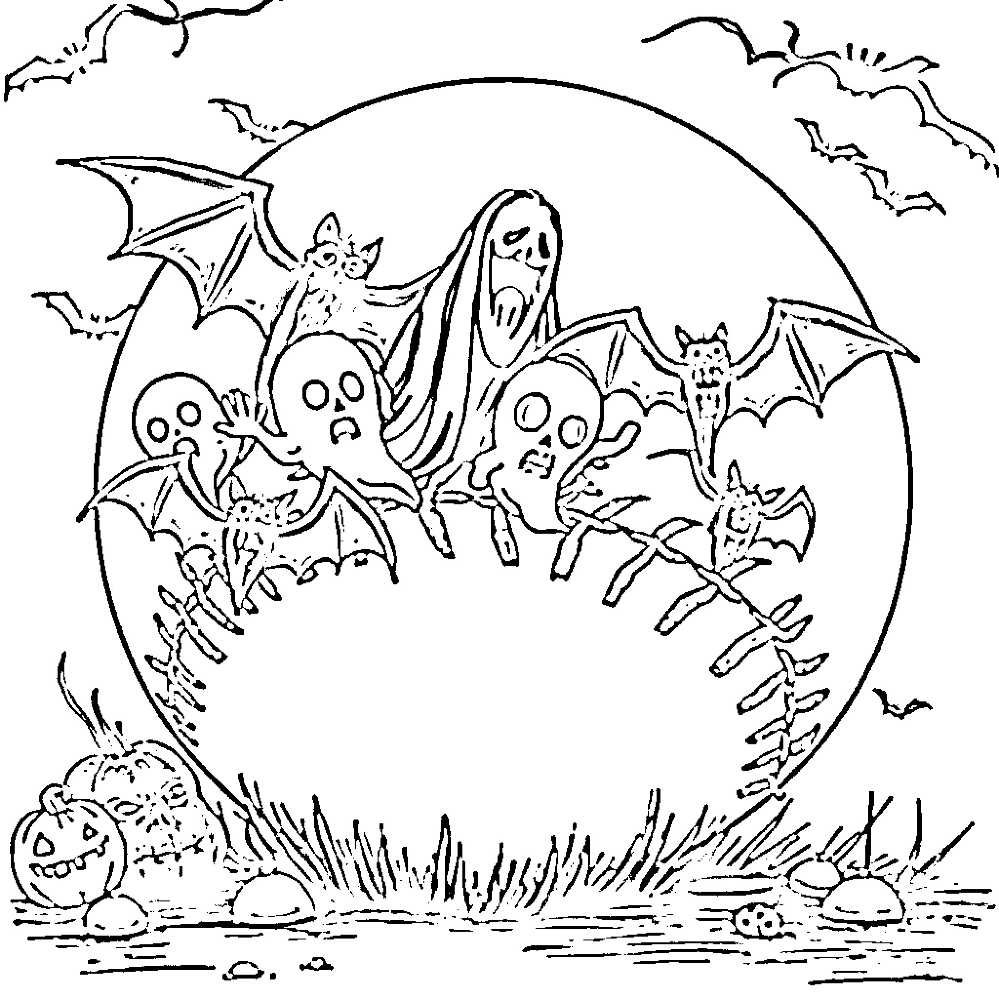Halloween Spooky Night with Bats and Ghosts Coloring Page (free black-and-white line drawing printable PDF for all, from beginners to advanced learners, including children, teens, adults, and seniors)