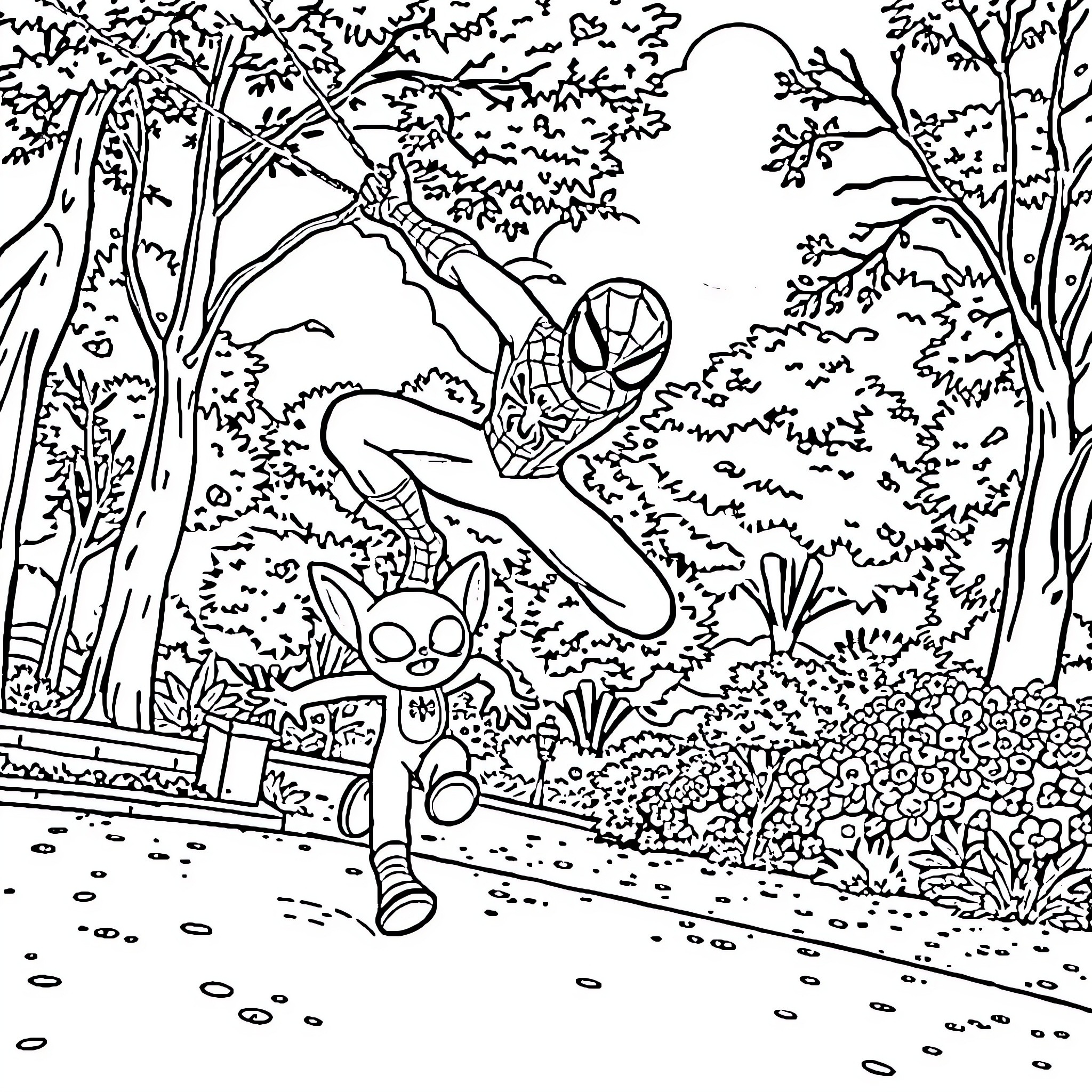 Spiderman swinging through the forest Coloring Page (free black-and-white line drawing printable PDF for all, from beginners to advanced learners, including children, teens, adults, and seniors)