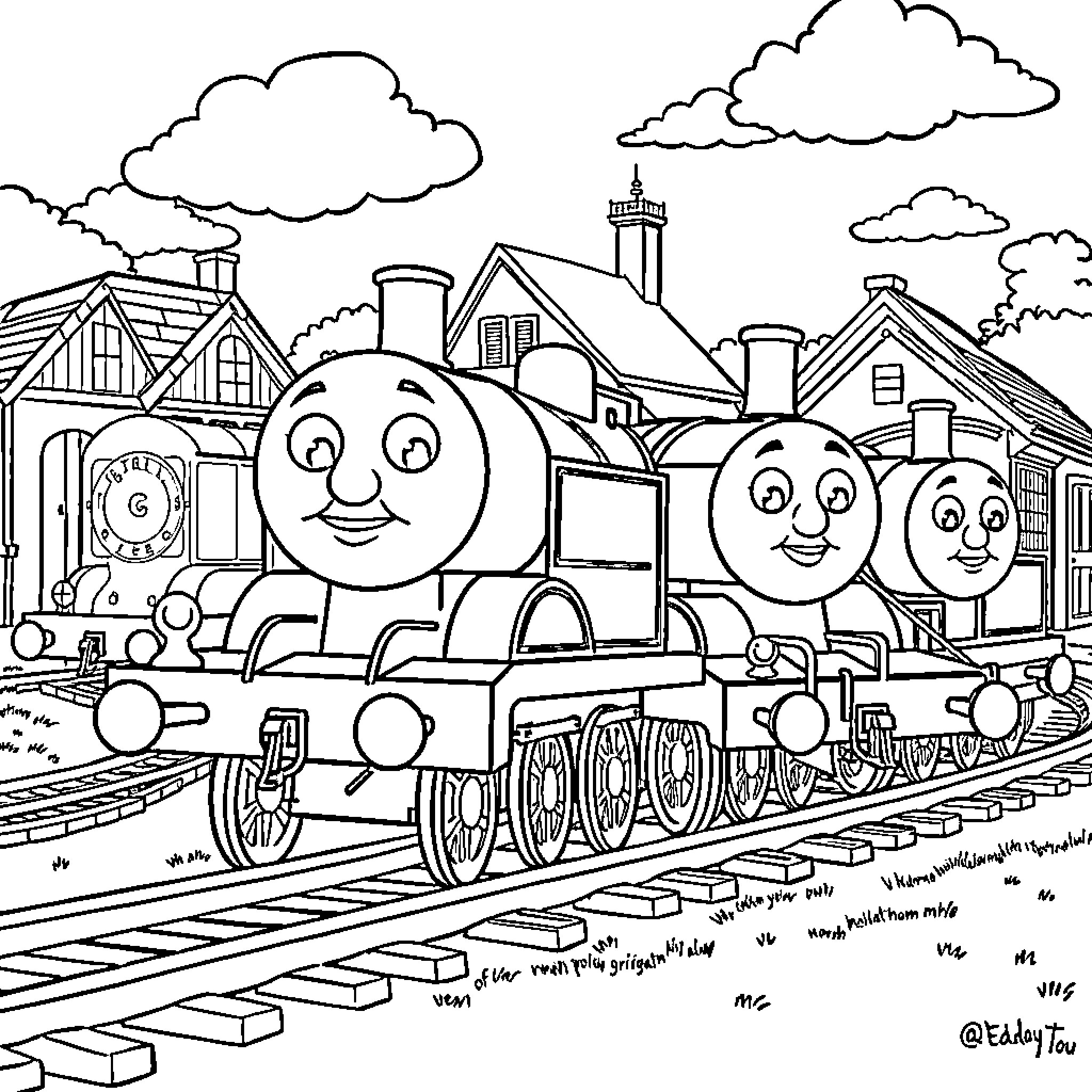 Thomas and Friends train engine characters in village setting Coloring Page (free black-and-white line drawing printable PDF for all, from beginners to advanced learners, including children, teens, adults, and seniors)
