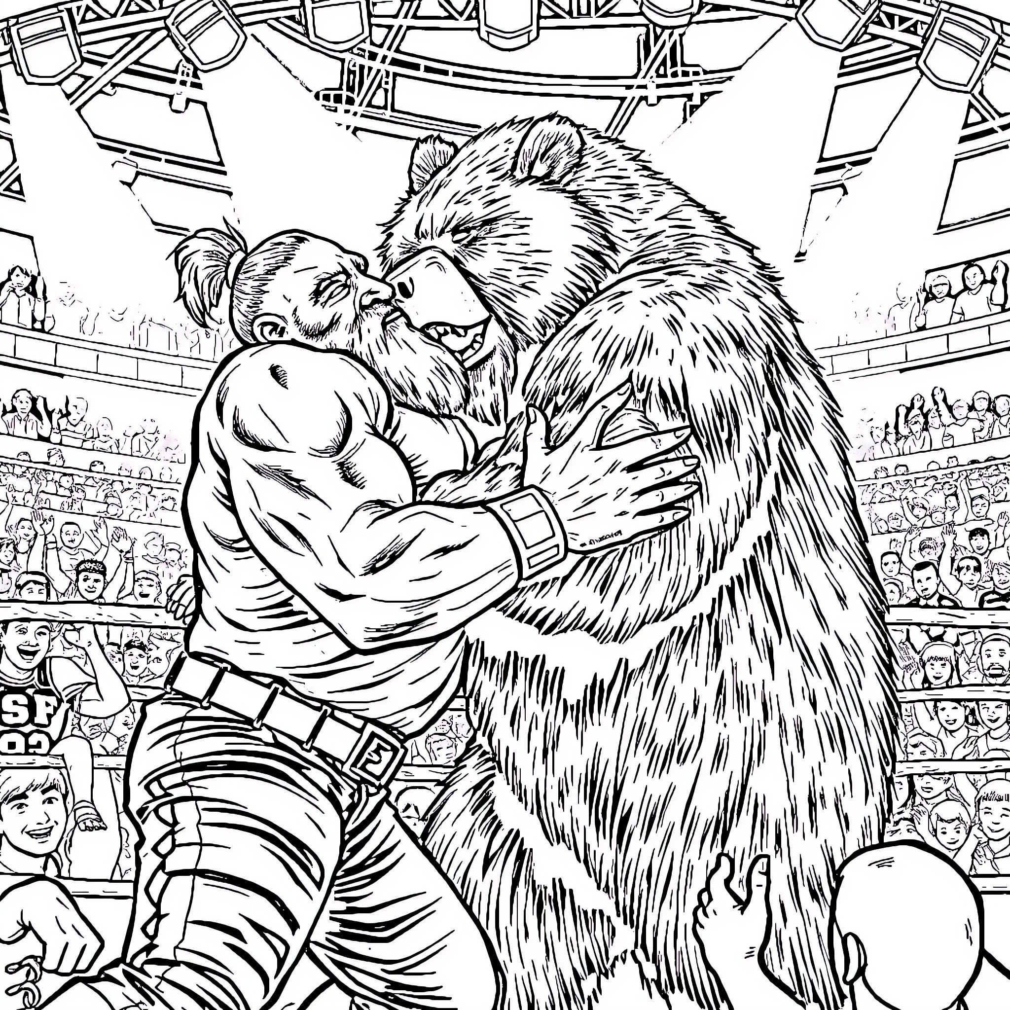 Wrestler in Fierce Embrace with Powerful Beast Coloring Page (free black-and-white line drawing printable PDF for all, from beginners to advanced learners, including children, teens, adults, and seniors)