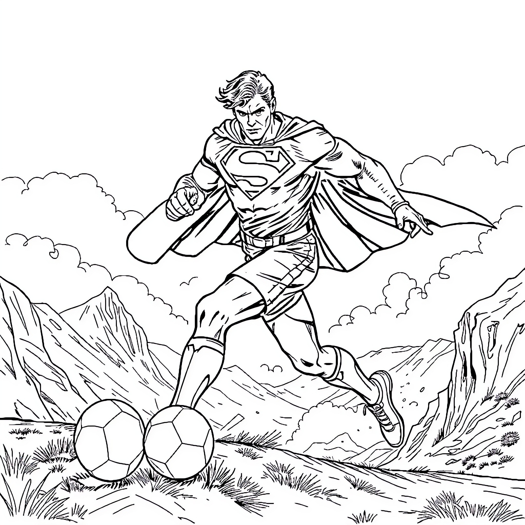 Superman soaring through the skies with determination Coloring Page (free black-and-white line drawing printable PDF for all, from beginners to advanced learners, including children, teens, adults, and seniors)