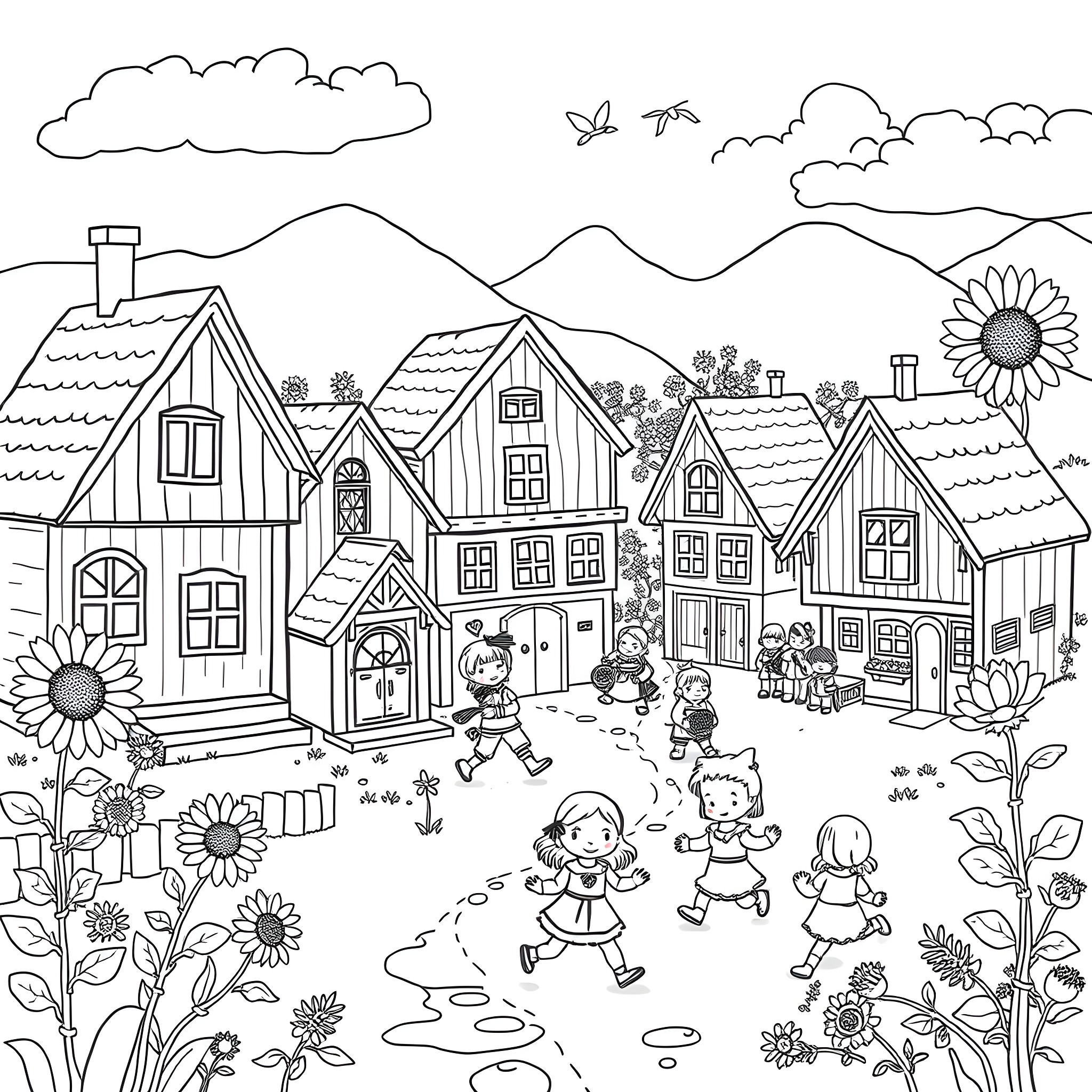 Doll Figures Playing in Idyllic Village Landscape Coloring Page (free black-and-white line drawing printable PDF for all, from beginners to advanced learners, including children, teens, adults, and seniors)