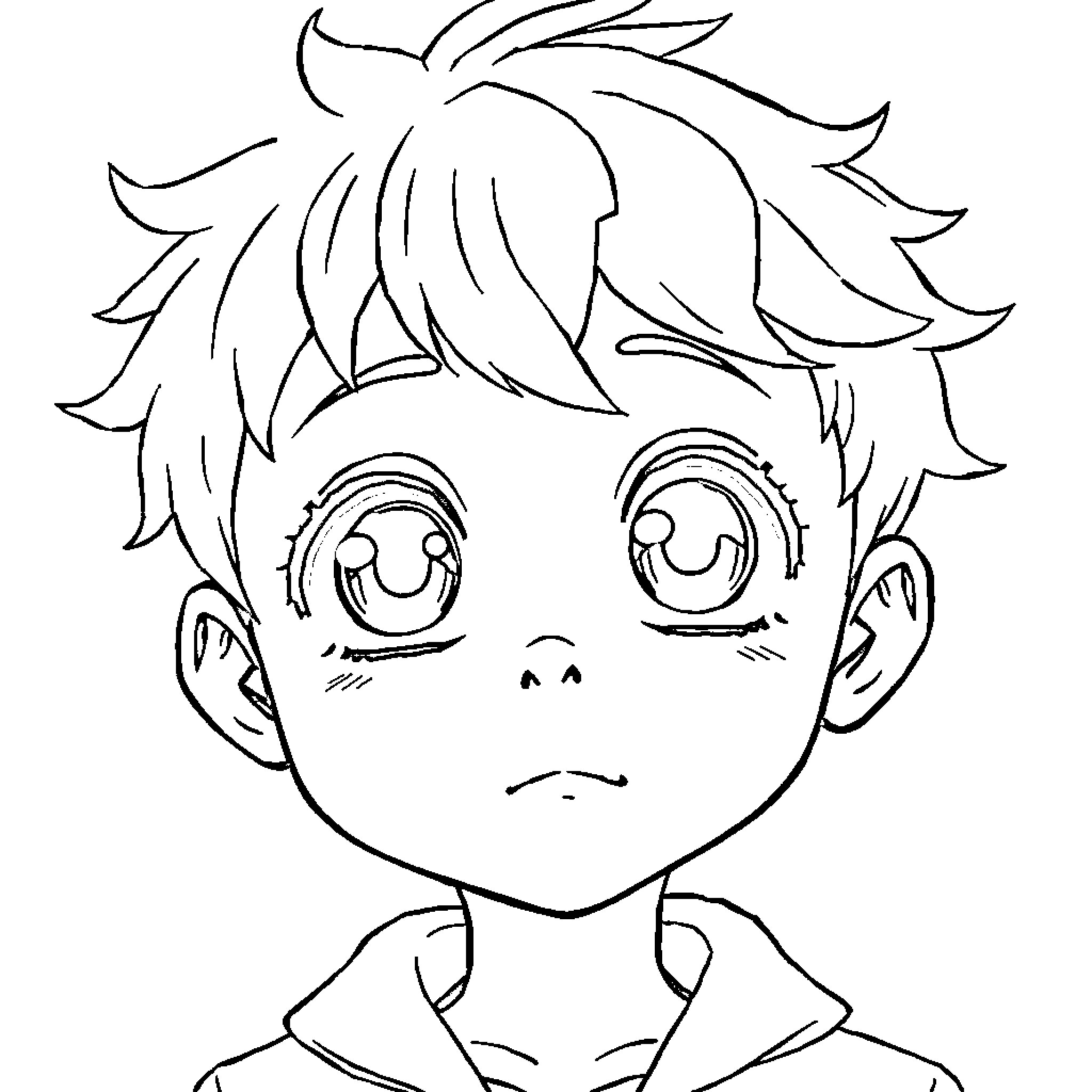 Anime Boy with Expressive Eyes and Tousled Hair Coloring Page (free black-and-white line drawing printable PDF for all, from beginners to advanced learners, including children, teens, adults, and seniors)