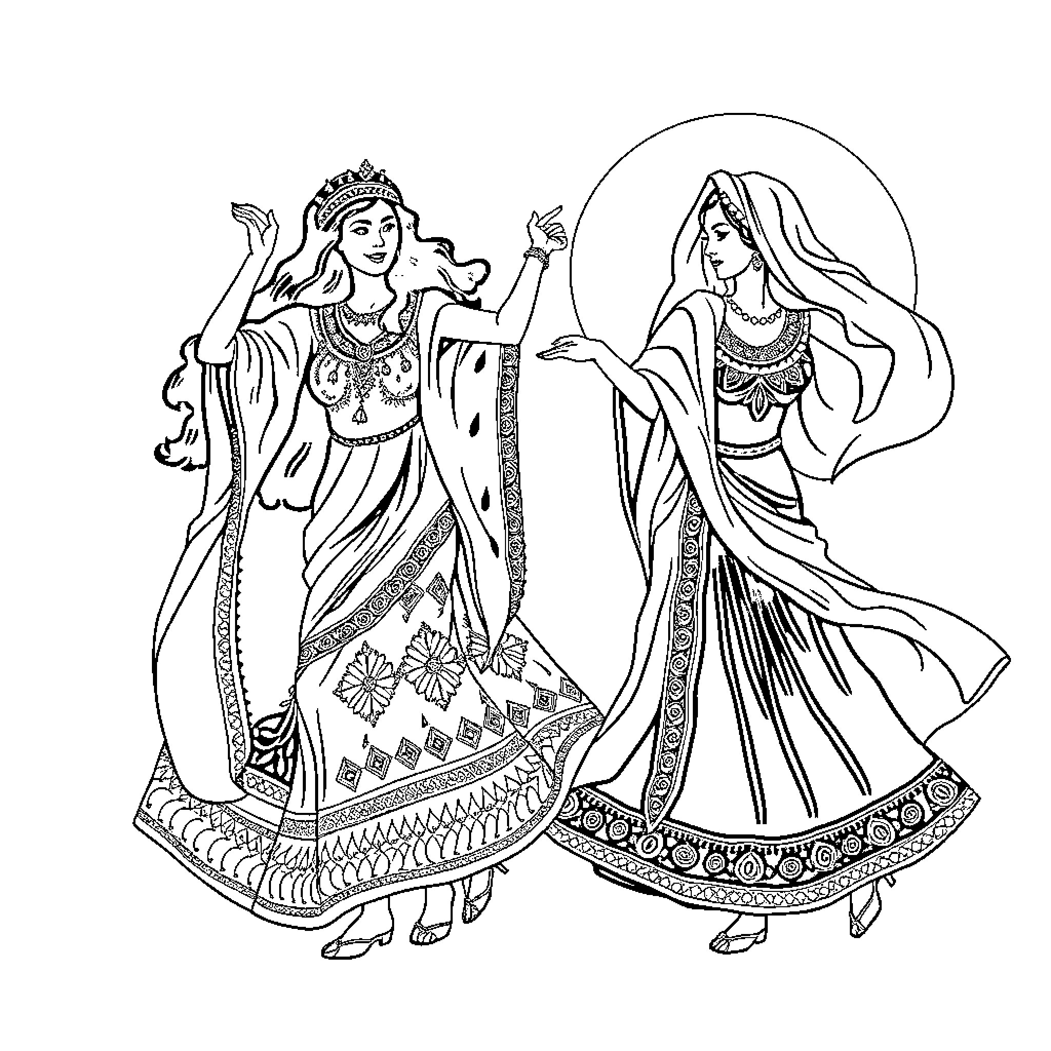 Amazigh Women Performing Traditional Dance Coloring Page (free black-and-white line drawing printable PDF for all, from beginners to advanced learners, including children, teens, adults, and seniors)