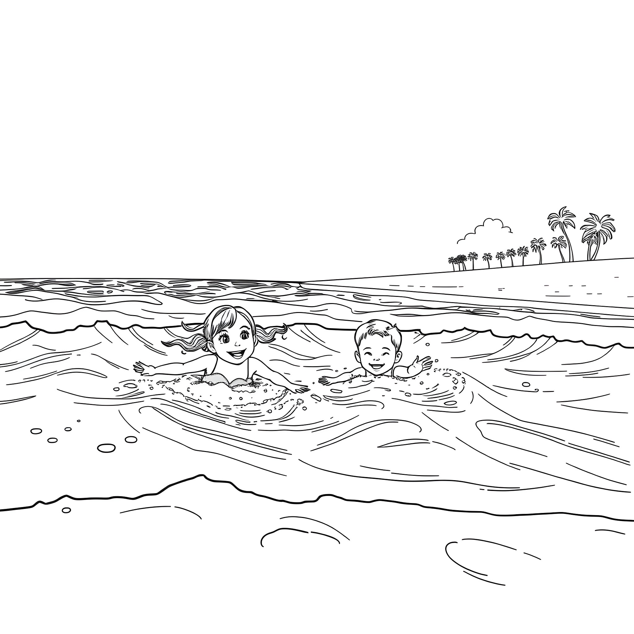 Girl and Boy Swimming in the Ocean Coloring Page (free black-and-white line drawing printable PDF for all, from beginners to advanced learners, including children, teens, adults, and seniors)