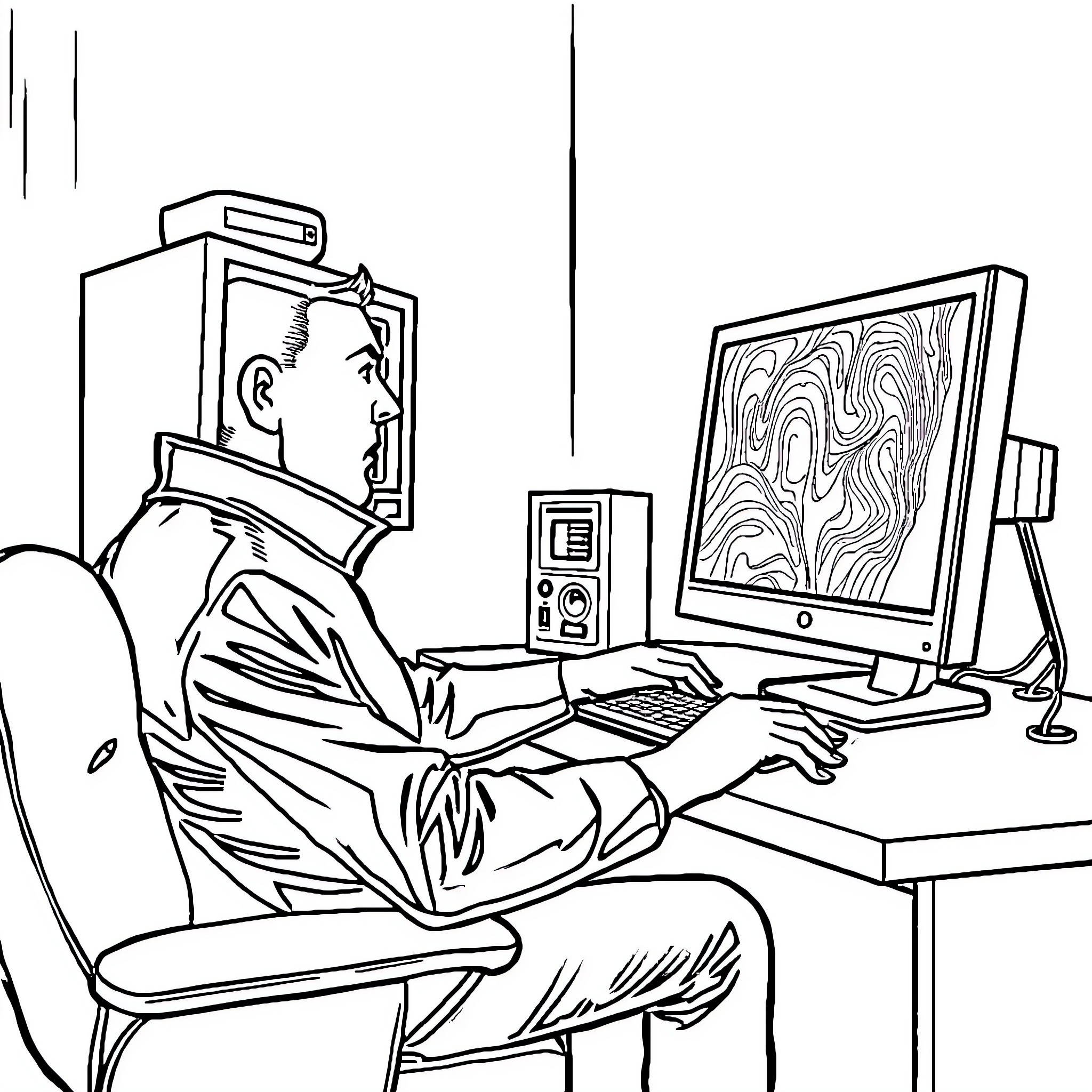 Man working intently at computer desk Coloring Page (free black-and-white line drawing printable PDF for all, from beginners to advanced learners, including children, teens, adults, and seniors)