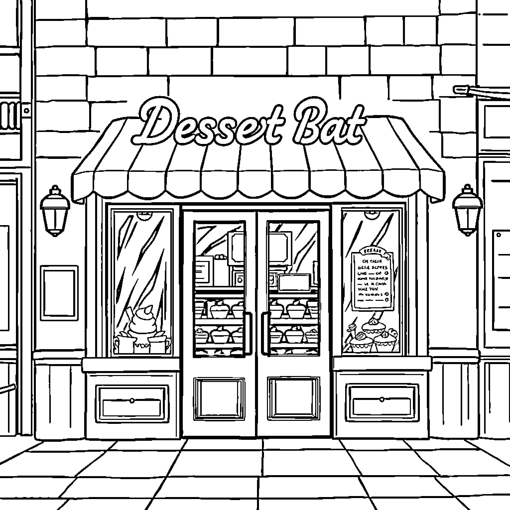 Dessert Bar: A Sweet Establishment Coloring Page (free black-and-white line drawing printable PDF for all, from beginners to advanced learners, including children, teens, adults, and seniors)