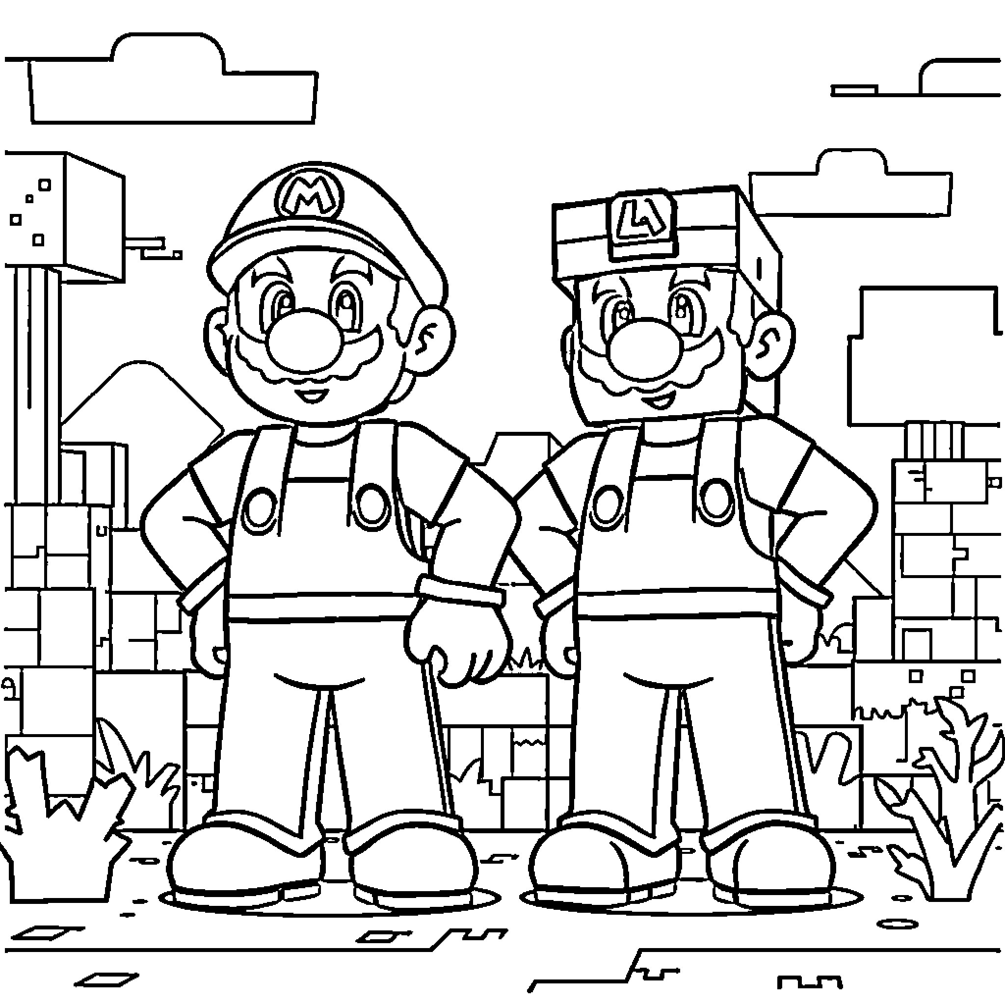 Mario and Luigi posing in front of a cityscape Coloring Page (free black-and-white line drawing printable PDF for all, from beginners to advanced learners, including children, teens, adults, and seniors)