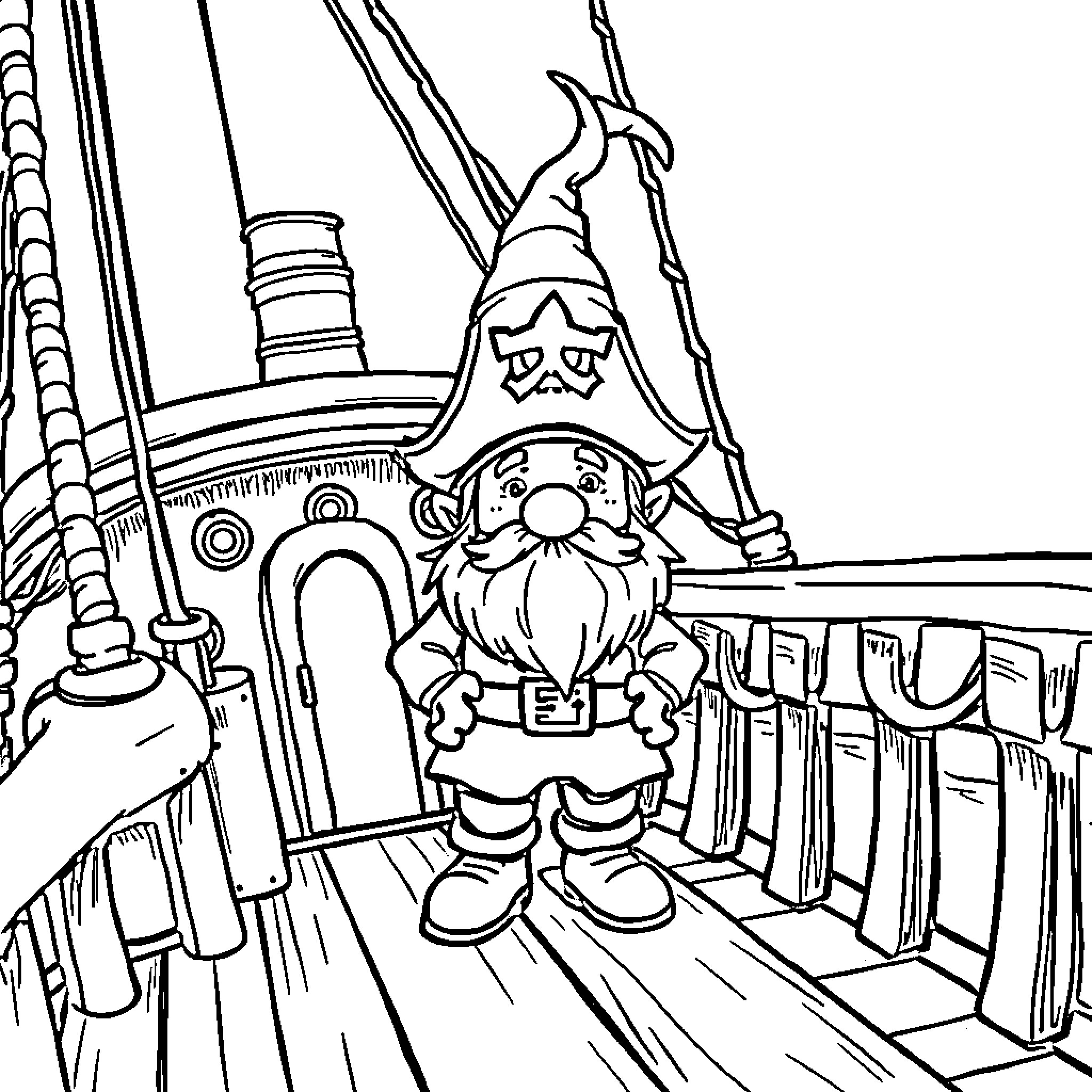 Gnome working diligently on ship's deck Coloring Page (free black-and-white line drawing printable PDF for all, from beginners to advanced learners, including children, teens, adults, and seniors)