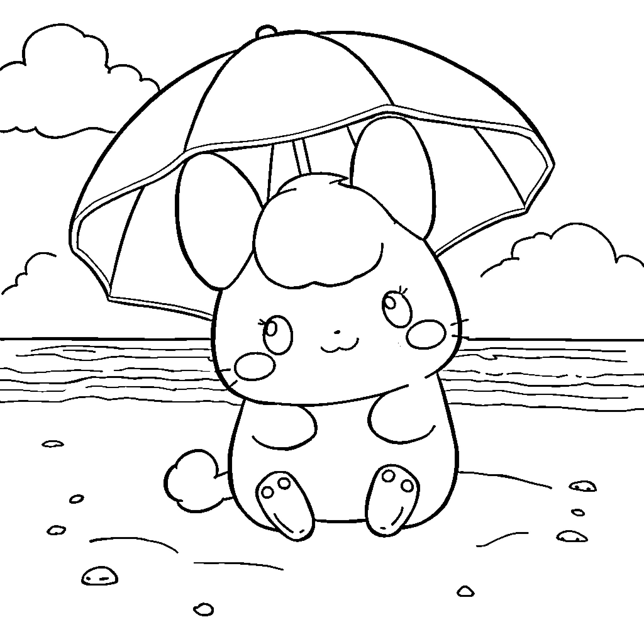 Cinnamoroll enjoying a sunny day at the beach Coloring Page (free black-and-white line drawing printable PDF for all, from beginners to advanced learners, including children, teens, adults, and seniors)