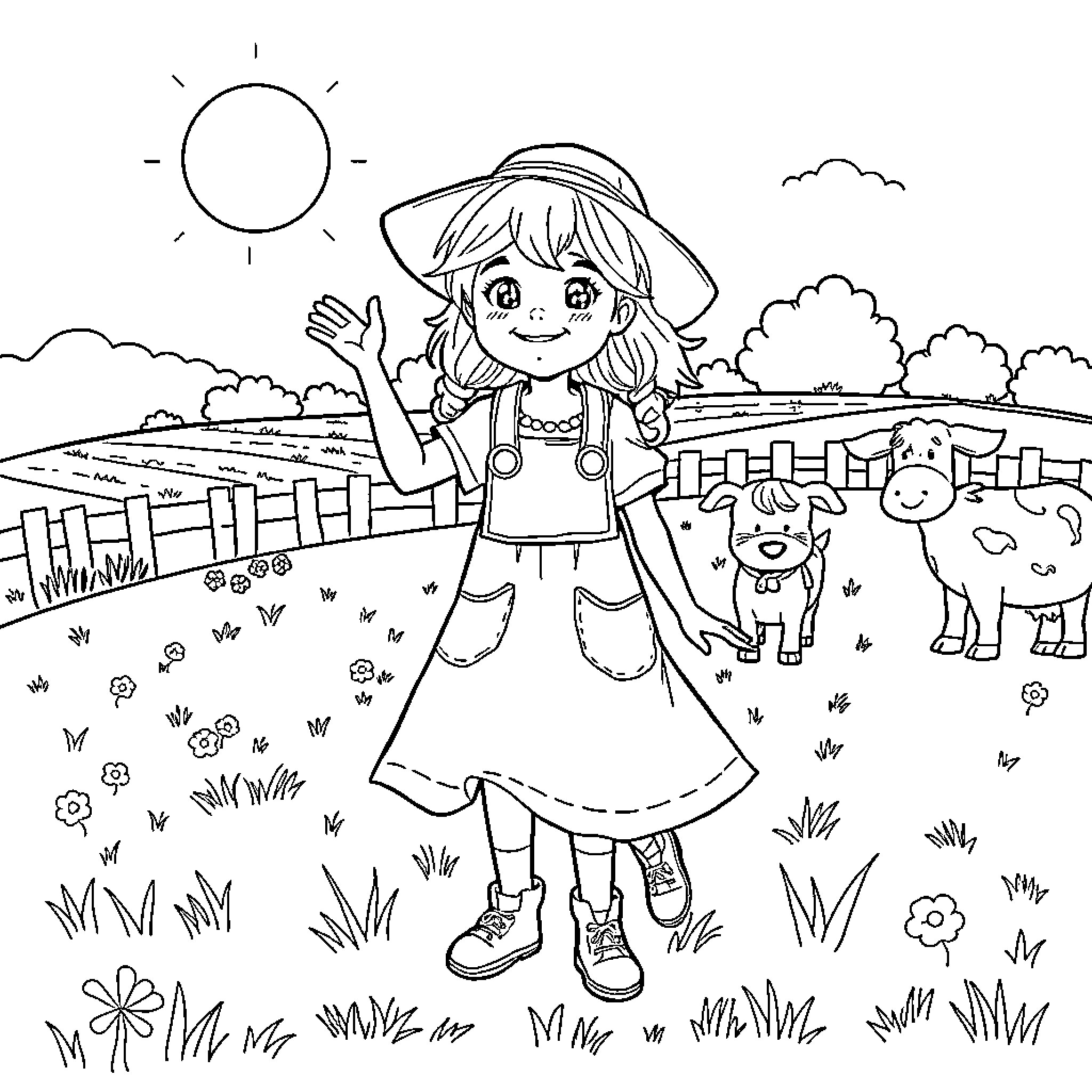 Bluey Explores the Countryside with Friends Coloring Page (free black-and-white line drawing printable PDF for all, from beginners to advanced learners, including children, teens, adults, and seniors)