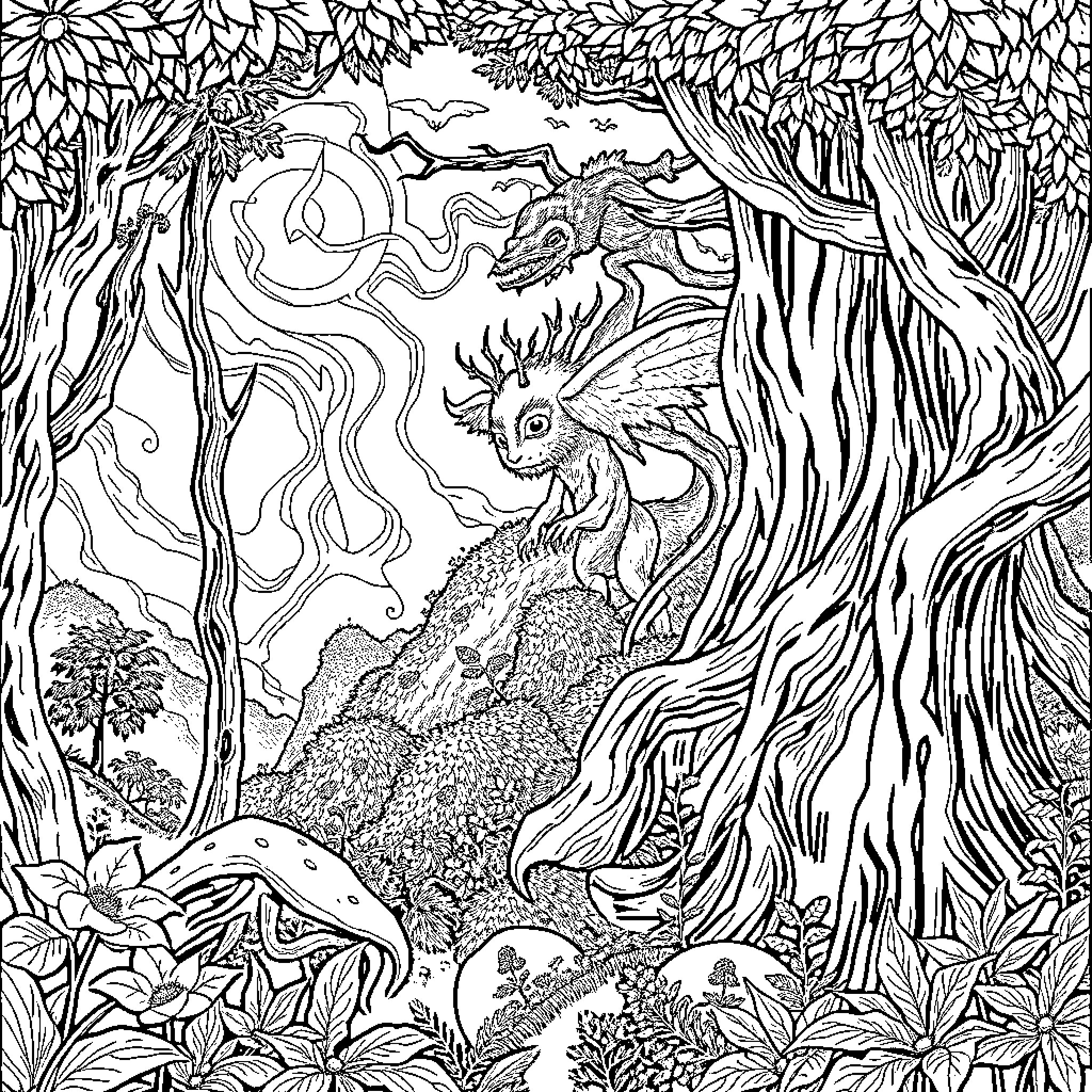 Hojarasquin: Fantastical forest creatures in detailed illustration Coloring Page (free black-and-white line drawing printable PDF for all, from beginners to advanced learners, including children, teens, adults, and seniors)