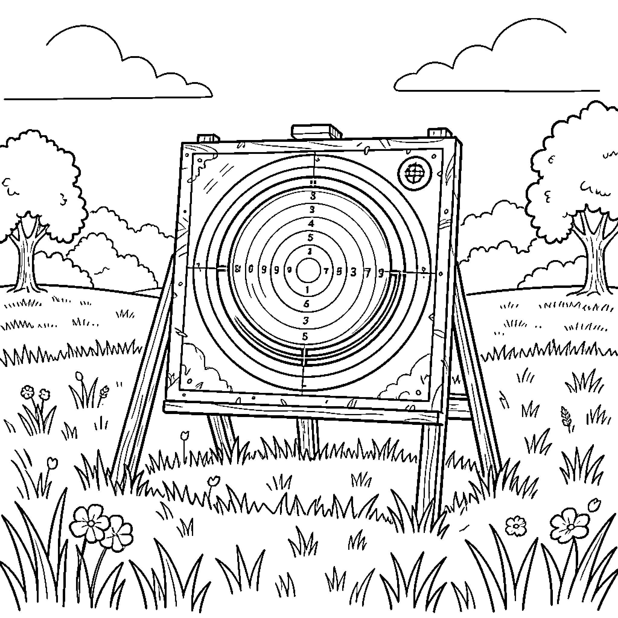 Deer target practice in the meadow Coloring Page (free black-and-white line drawing printable PDF for all, from beginners to advanced learners, including children, teens, adults, and seniors)
