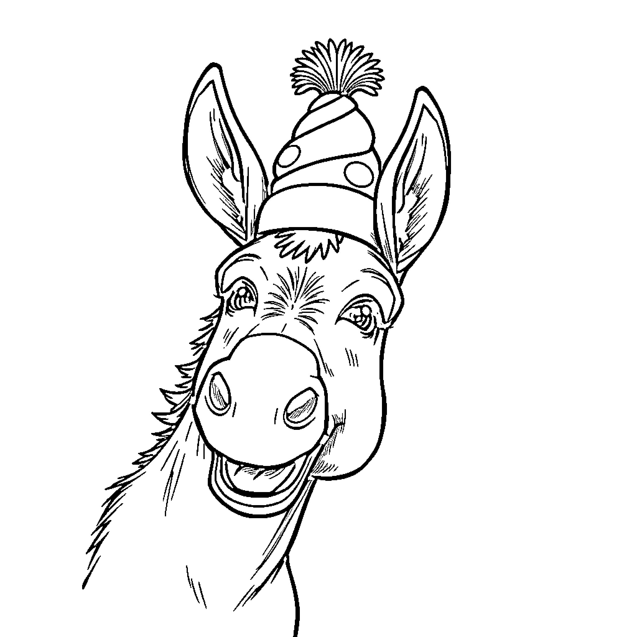 Donkey wearing a festive hat Coloring Page (free black-and-white line drawing printable PDF for all, from beginners to advanced learners, including children, teens, adults, and seniors)