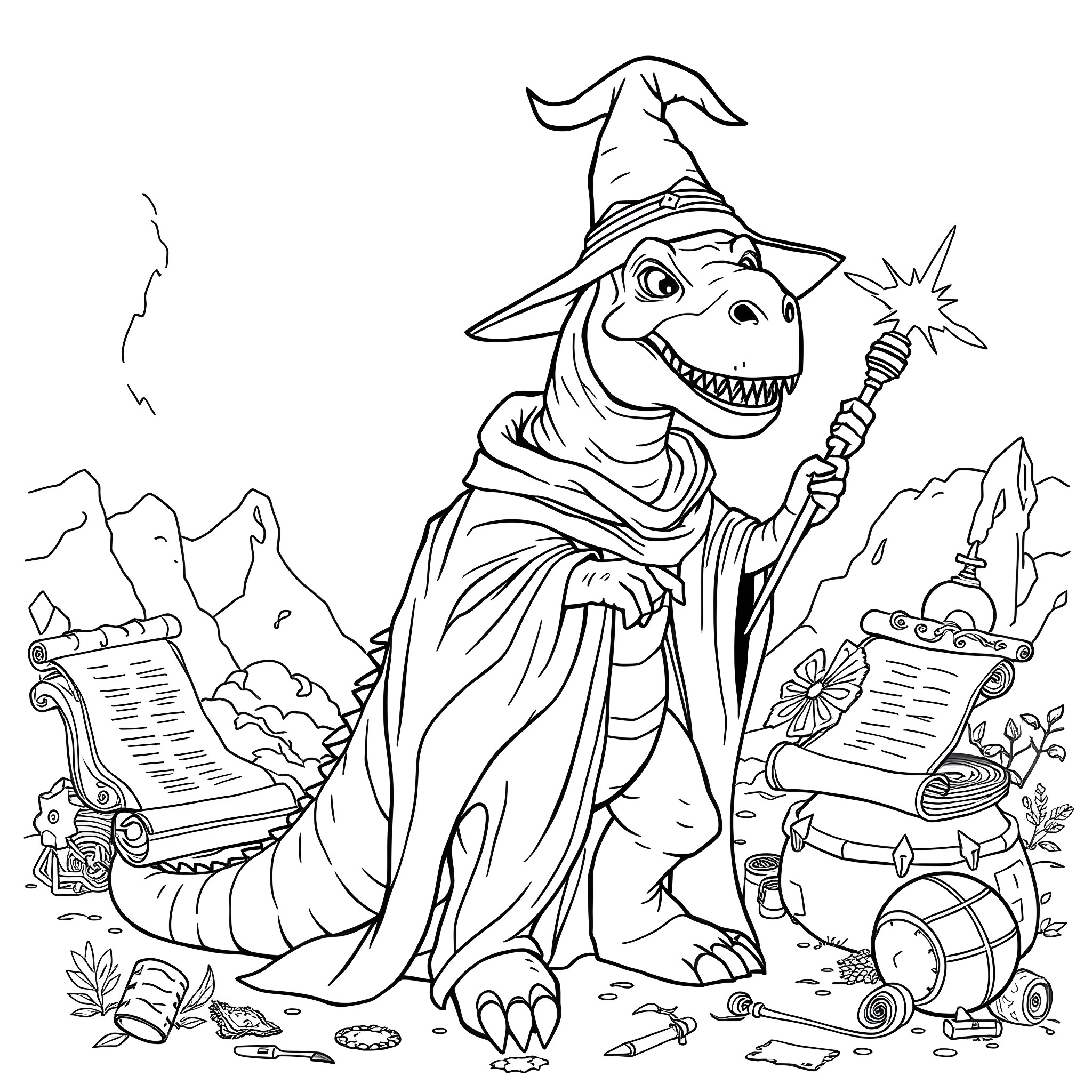 Dinosaur wizard casting spell with magic books Coloring Page (free black-and-white line drawing printable PDF for all, from beginners to advanced learners, including children, teens, adults, and seniors)