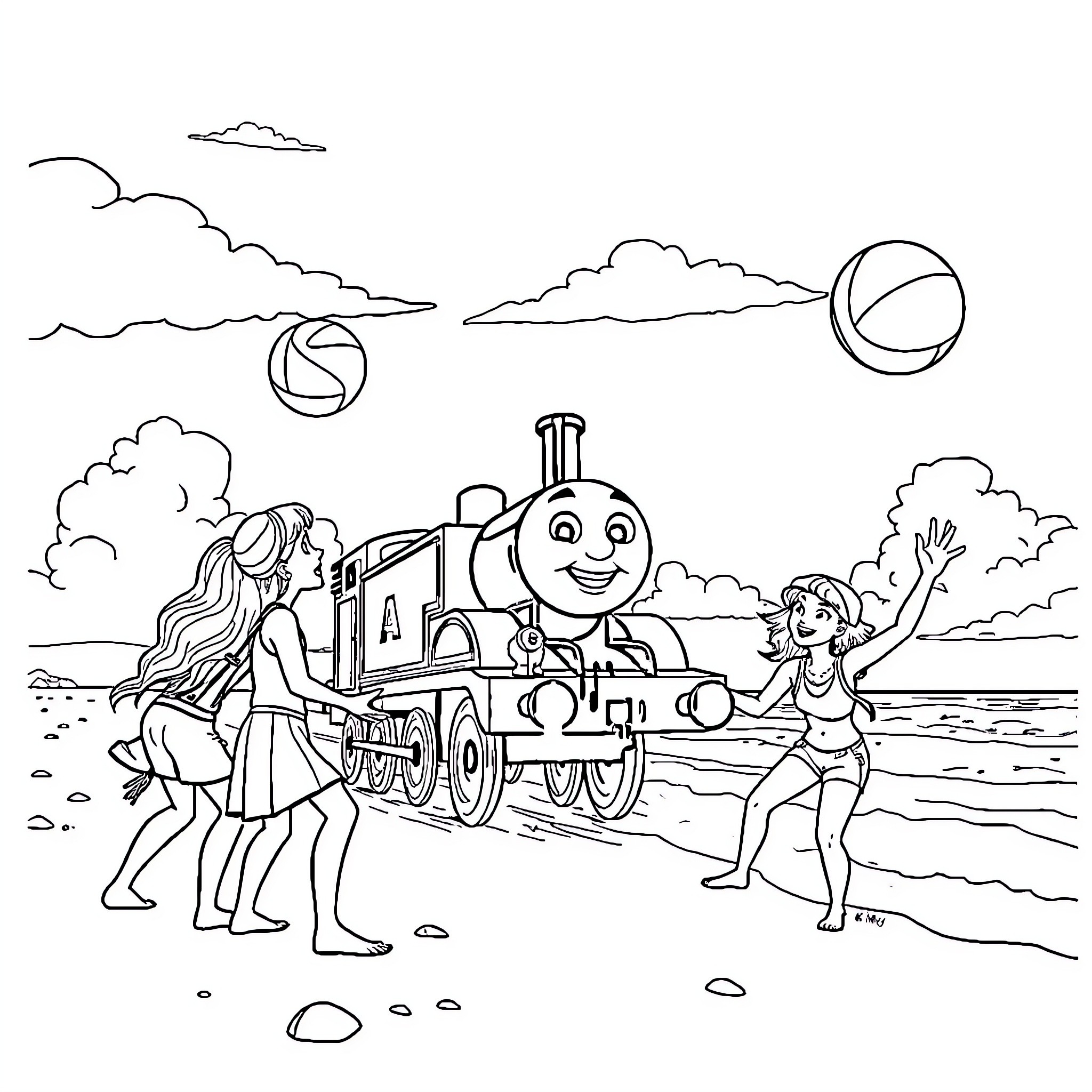 Thomas and Friends Enjoying a Summer Beach Day Coloring Page (free black-and-white line drawing printable PDF for all, from beginners to advanced learners, including children, teens, adults, and seniors)