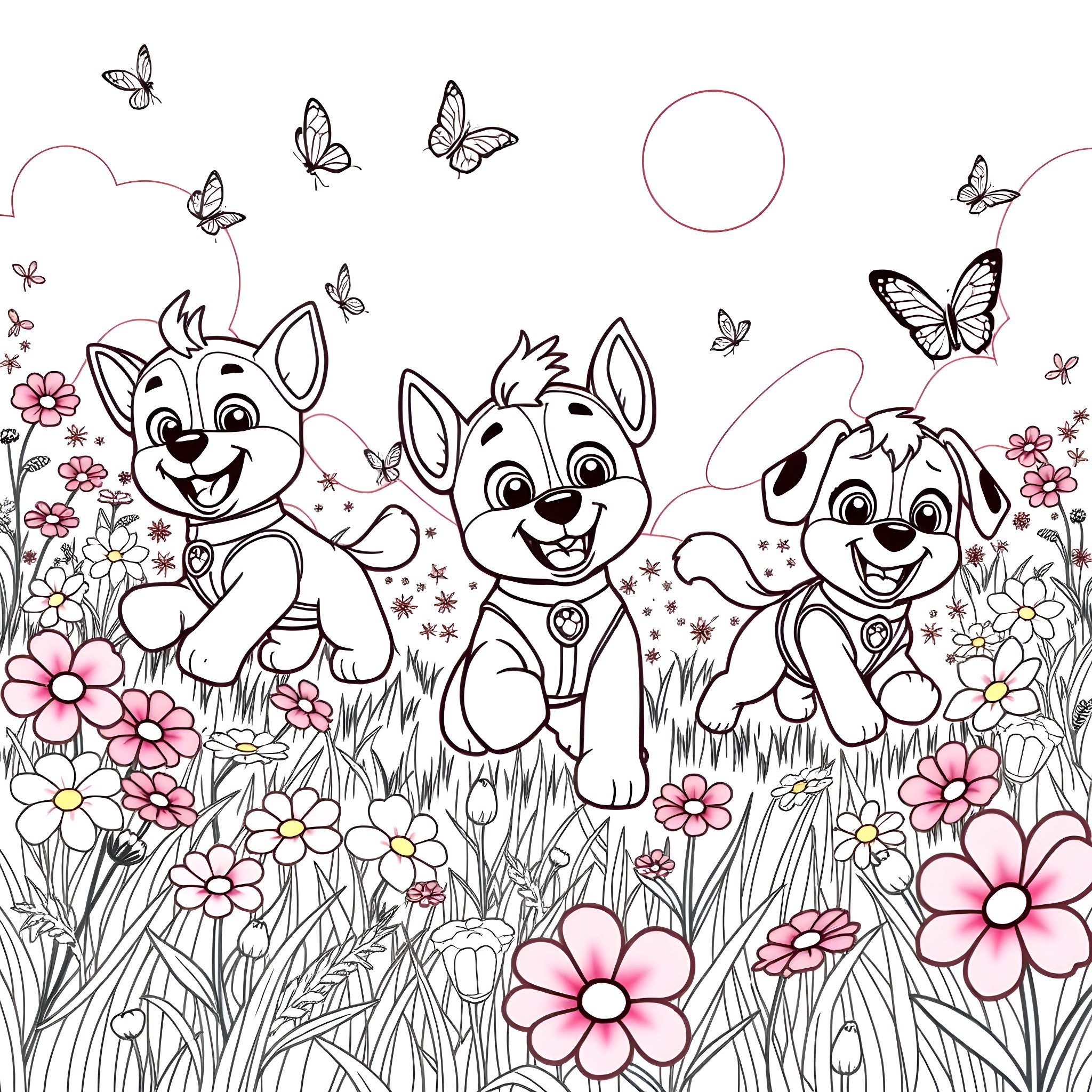 Paw Patrol pups having fun in the flowery meadow Coloring Page (free black-and-white line drawing printable PDF for all, from beginners to advanced learners, including children, teens, adults, and seniors)