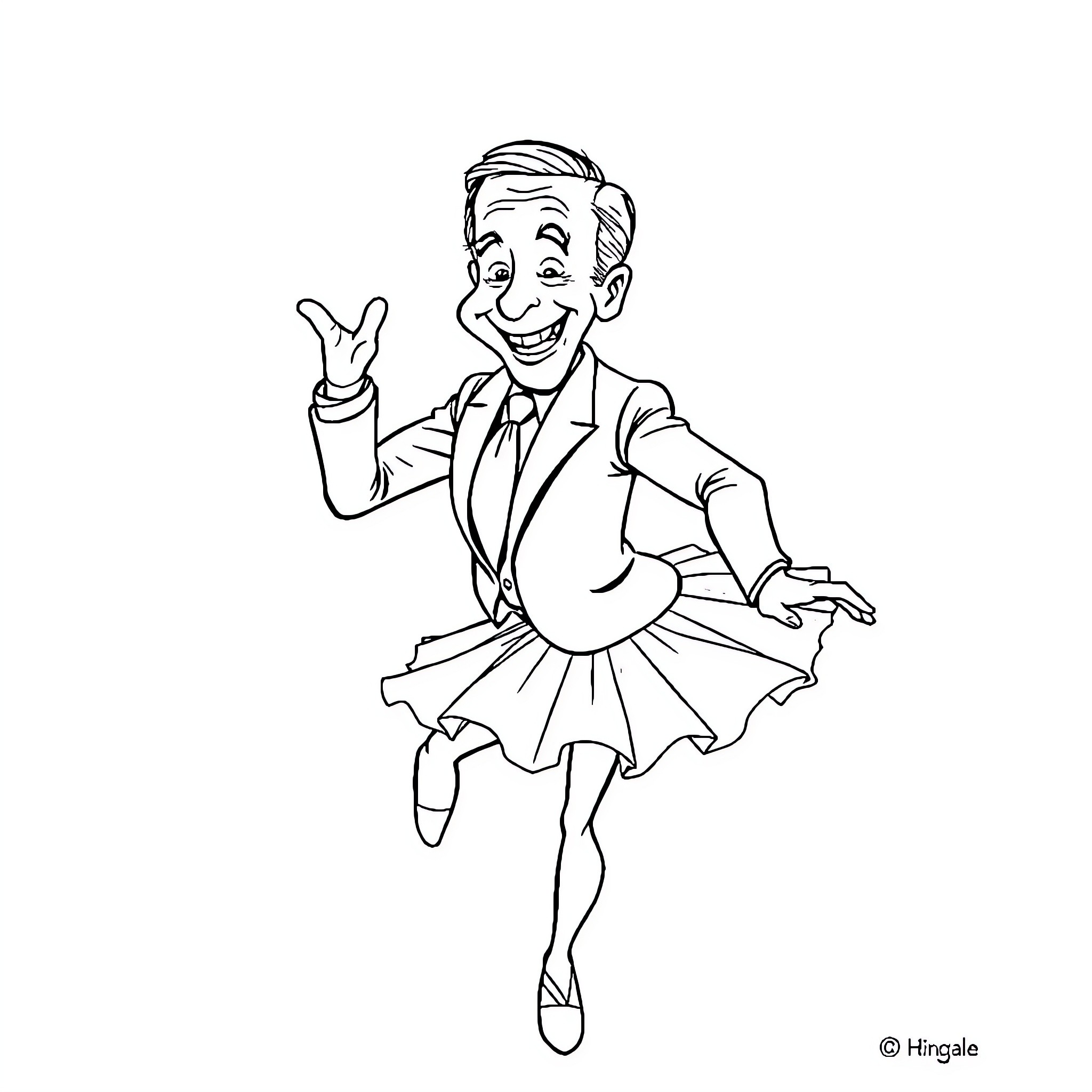 Joe Biden dancing and smiling in a formal suit Coloring Page (free black-and-white line drawing printable PDF for all, from beginners to advanced learners, including children, teens, adults, and seniors)