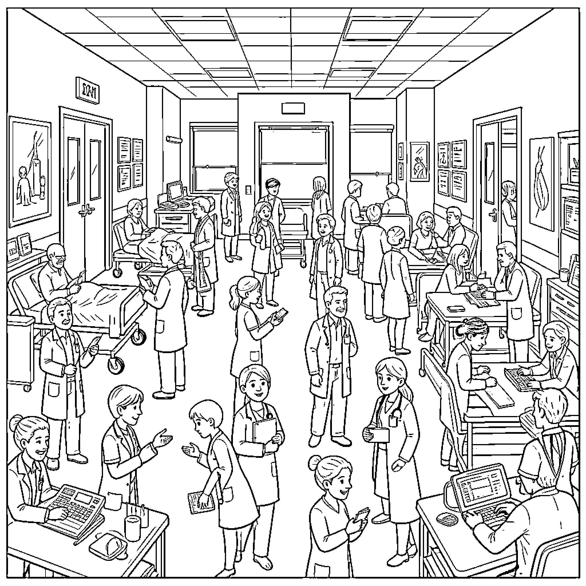 Hospital scene with medical staff and patients Coloring Page (free black-and-white line drawing printable PDF for all, from beginners to advanced learners, including children, teens, adults, and seniors)