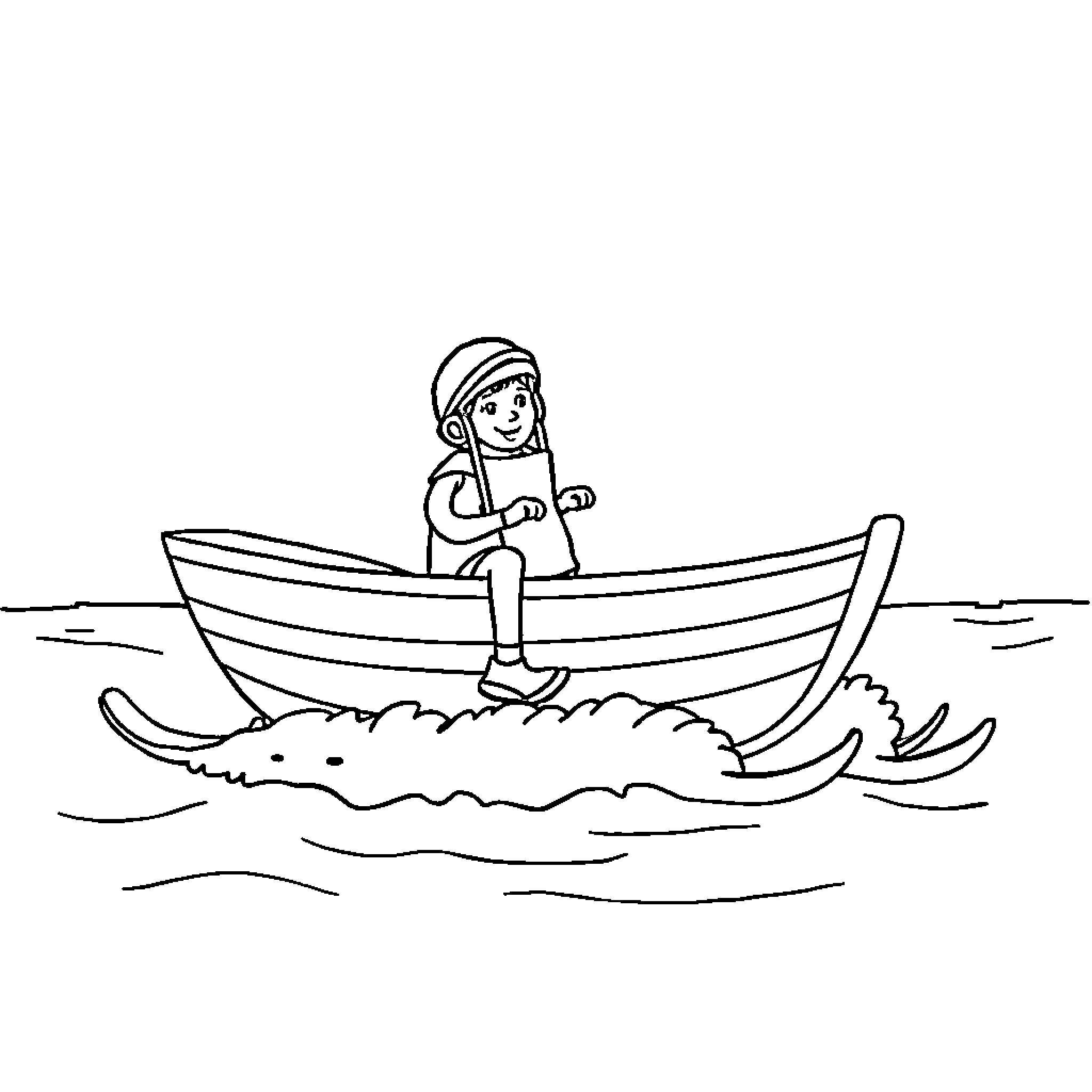 Skiing Boat with Adventurous Person Coloring Page (free black-and-white line drawing printable PDF for all, from beginners to advanced learners, including children, teens, adults, and seniors)