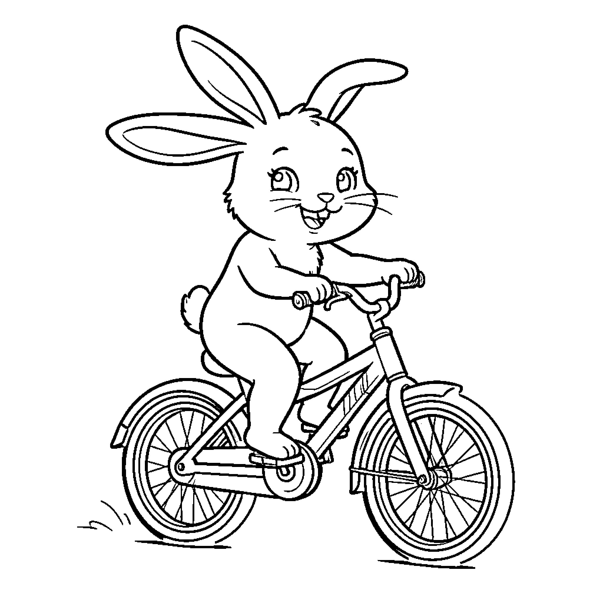 Rabbit riding a bicycle happily Coloring Page (free black-and-white line drawing printable PDF for all, from beginners to advanced learners, including children, teens, adults, and seniors)
