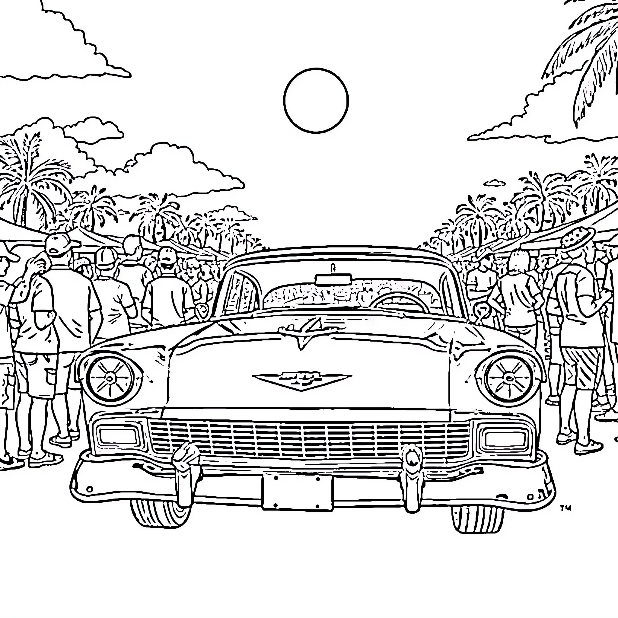 Chevrolet classic car surrounded by people on the beach Coloring Page (free black-and-white line drawing printable PDF for all, from beginners to advanced learners, including children, teens, adults, and seniors)