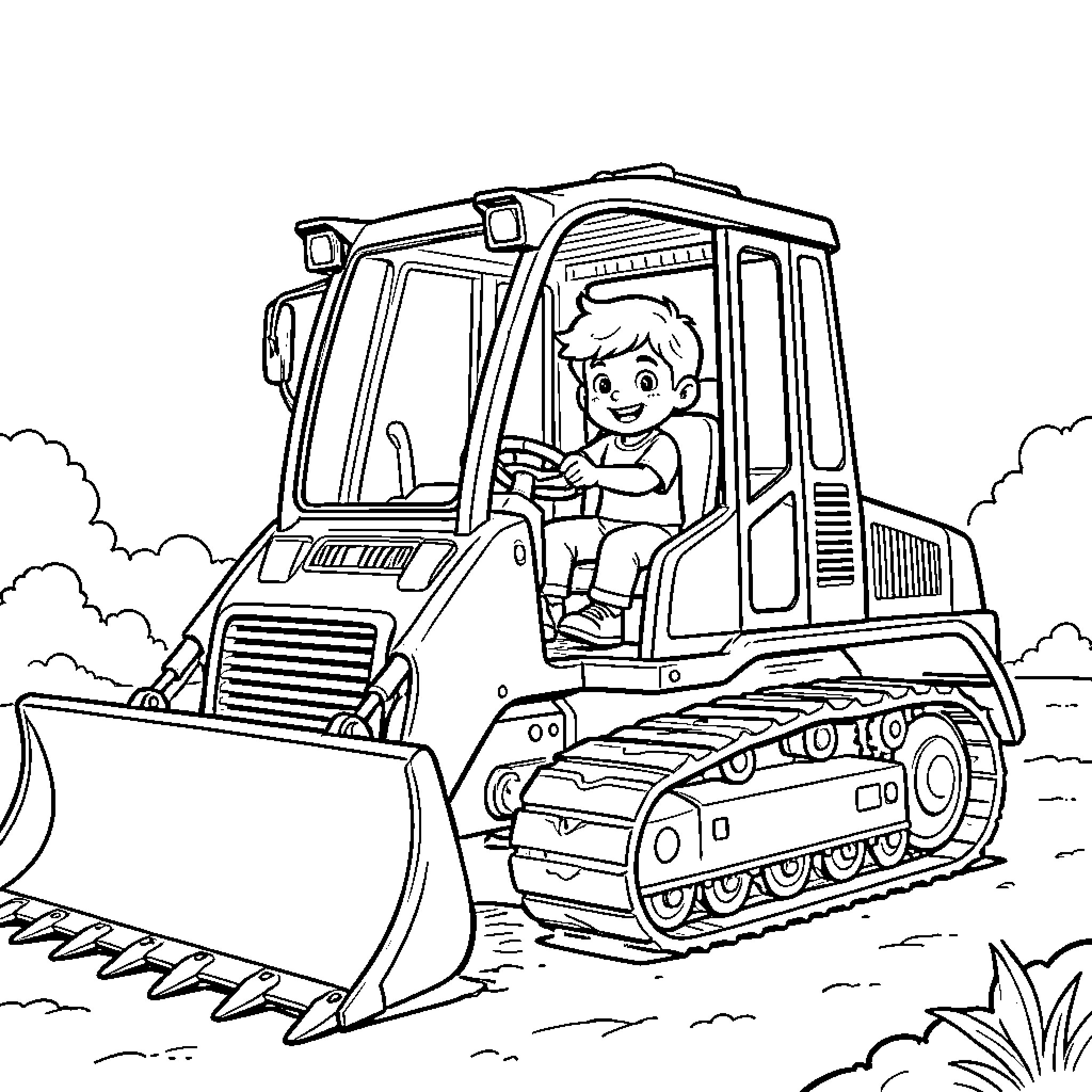 Digger being driven by a happy young boy Coloring Page (free black-and-white line drawing printable PDF for all, from beginners to advanced learners, including children, teens, adults, and seniors)