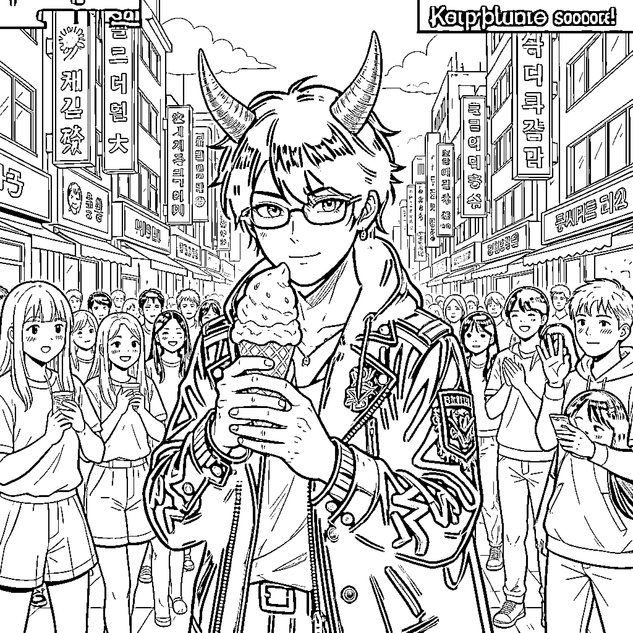 Kpop Demon Hunter eating ice cream in a busy street Coloring Page (free black-and-white line drawing printable PDF for all, from beginners to advanced learners, including children, teens, adults, and seniors)