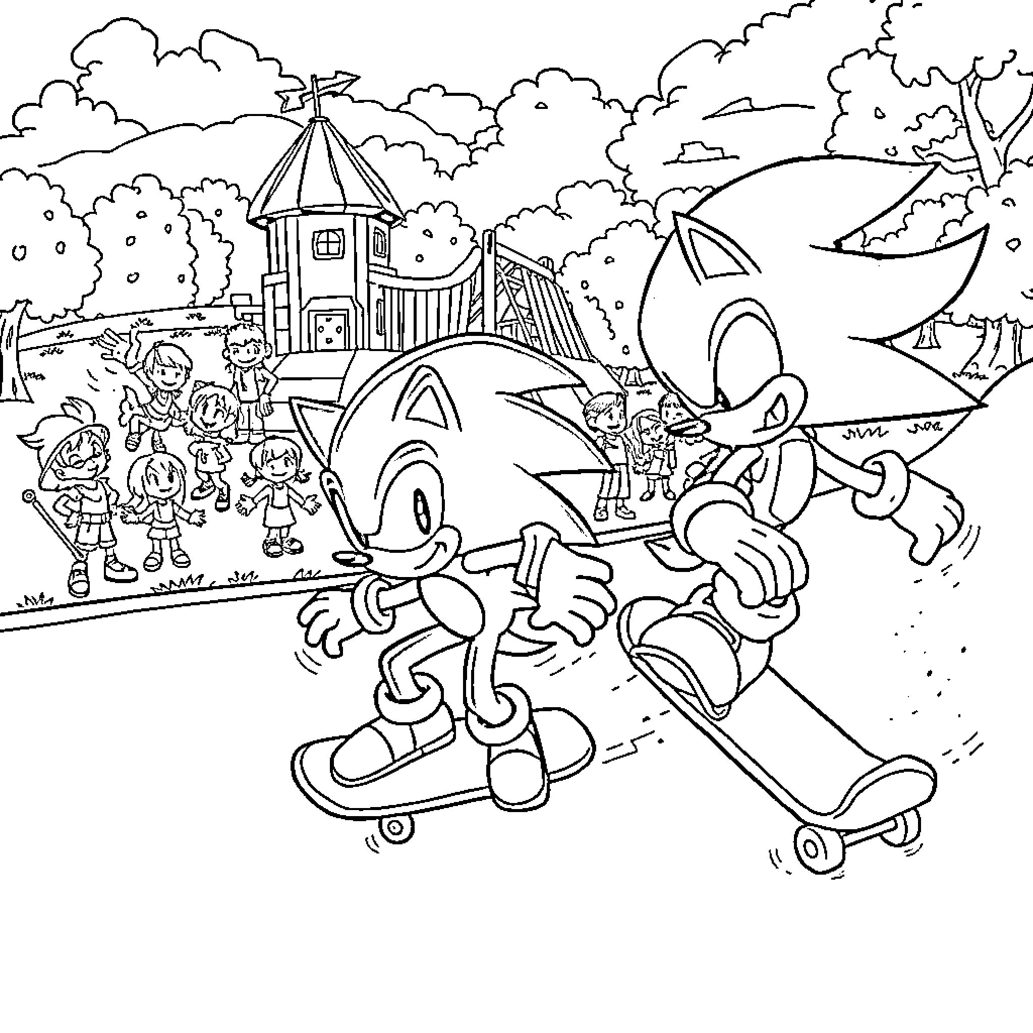 Sonic's Exciting Adventure at the Amusement Park Coloring Page (free black-and-white line drawing printable PDF for all, from beginners to advanced learners, including children, teens, adults, and seniors)