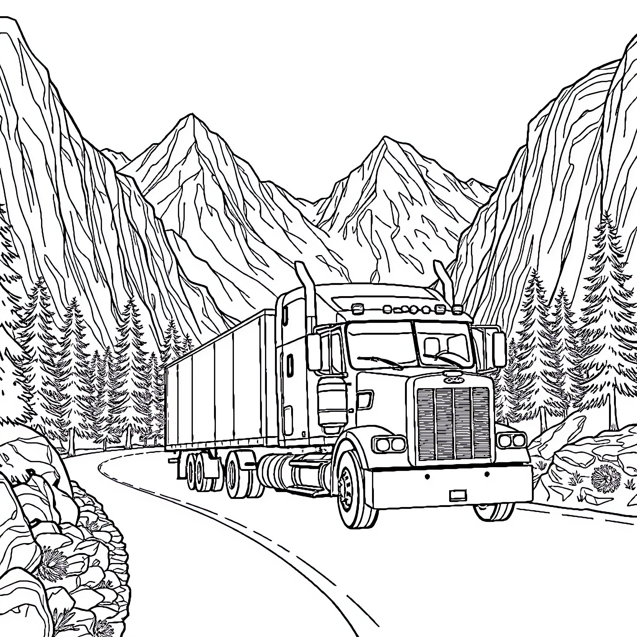Truck transporting cargo through scenic mountain landscape Coloring Page (free black-and-white line drawing printable PDF for all, from beginners to advanced learners, including children, teens, adults, and seniors)
