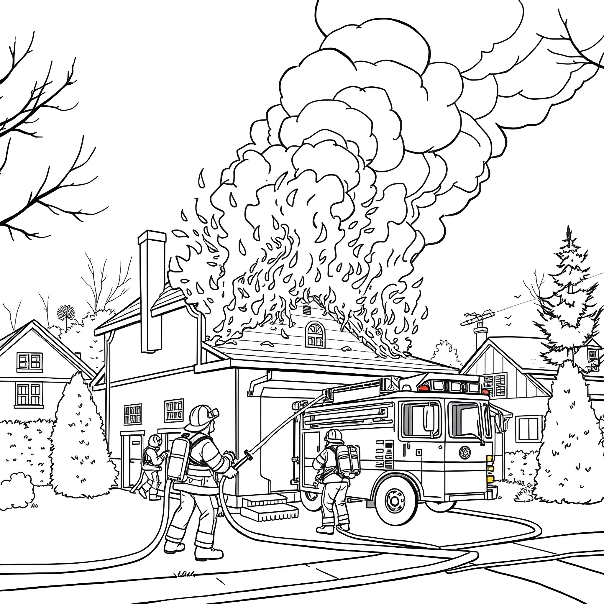 Firefighters battling a blaze in a residential neighborhood Coloring Page (free black-and-white line drawing printable PDF for all, from beginners to advanced learners, including children, teens, adults, and seniors)