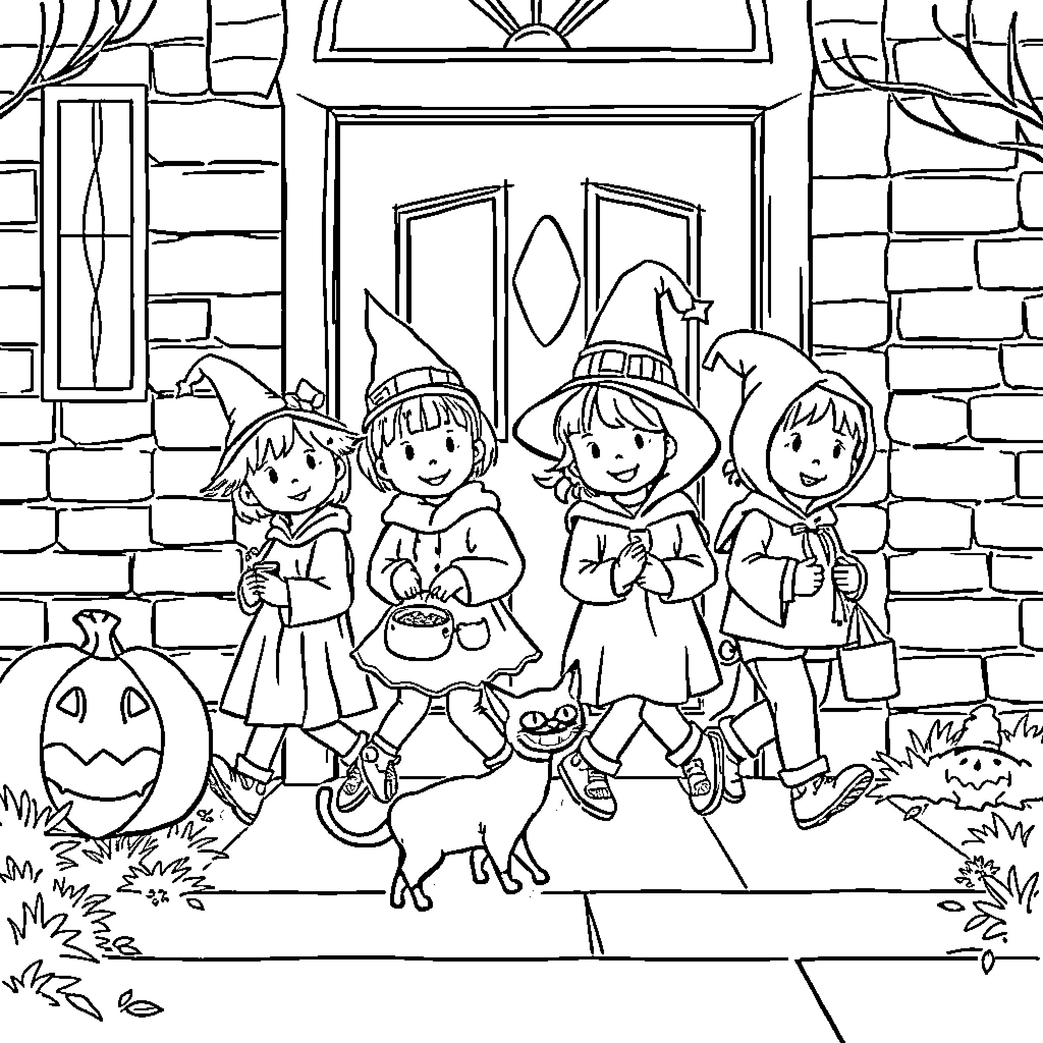 Kid Trick-or-Treating on Halloween with Friends Coloring Page (free black-and-white line drawing printable PDF for all, from beginners to advanced learners, including children, teens, adults, and seniors)