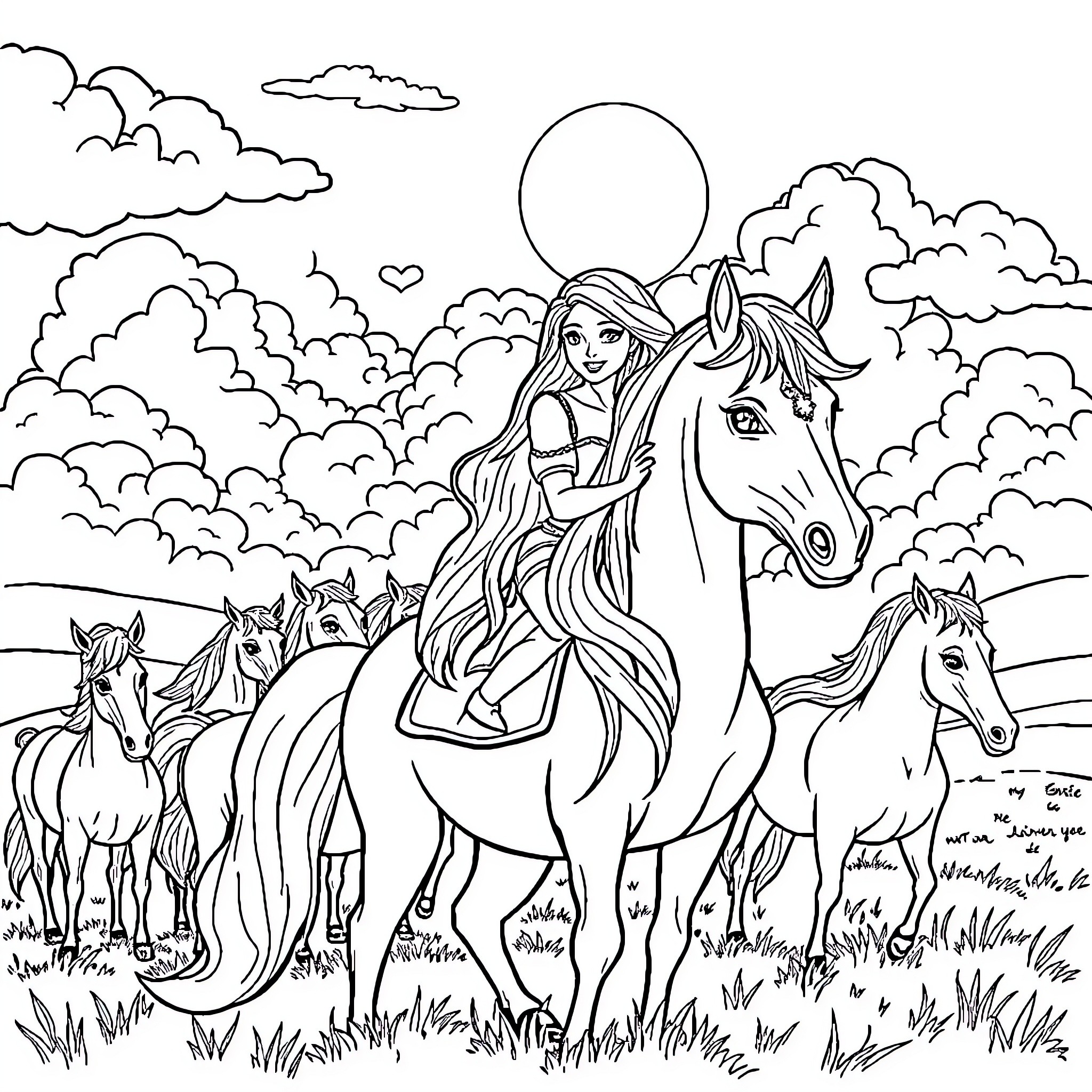 Licorne Girl riding horse with herd in countryside Coloring Page (free black-and-white line drawing printable PDF for all, from beginners to advanced learners, including children, teens, adults, and seniors)